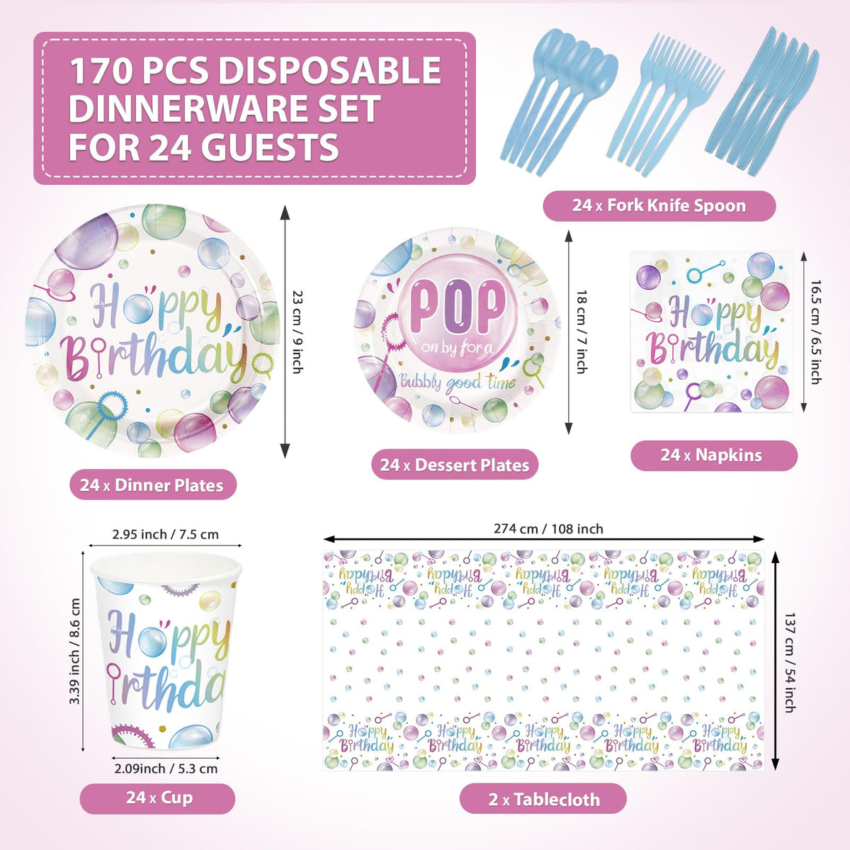 170 Pcs Bubble Birthday Party Decorations Serves 24 - Greencian Official Imagery - 4