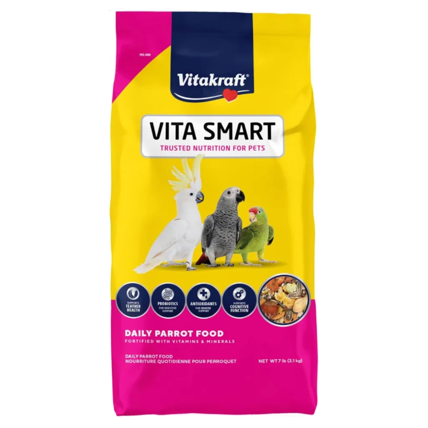 Vitakraft Vita Smart parrot food in 7 lb bag, showing colorful pellets and seed mix for healthy bird nutrition