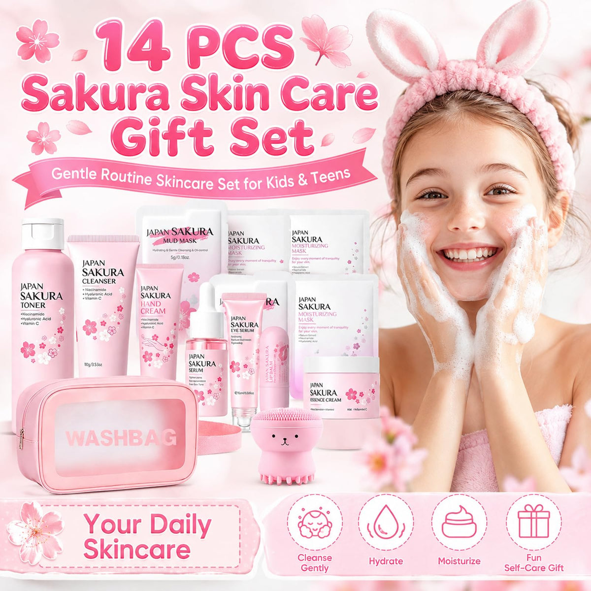 Sakura Skin Care Set for Kids Teen Girls 14 PCS Facial Skin - SHUNSHI Official Imagery - 3