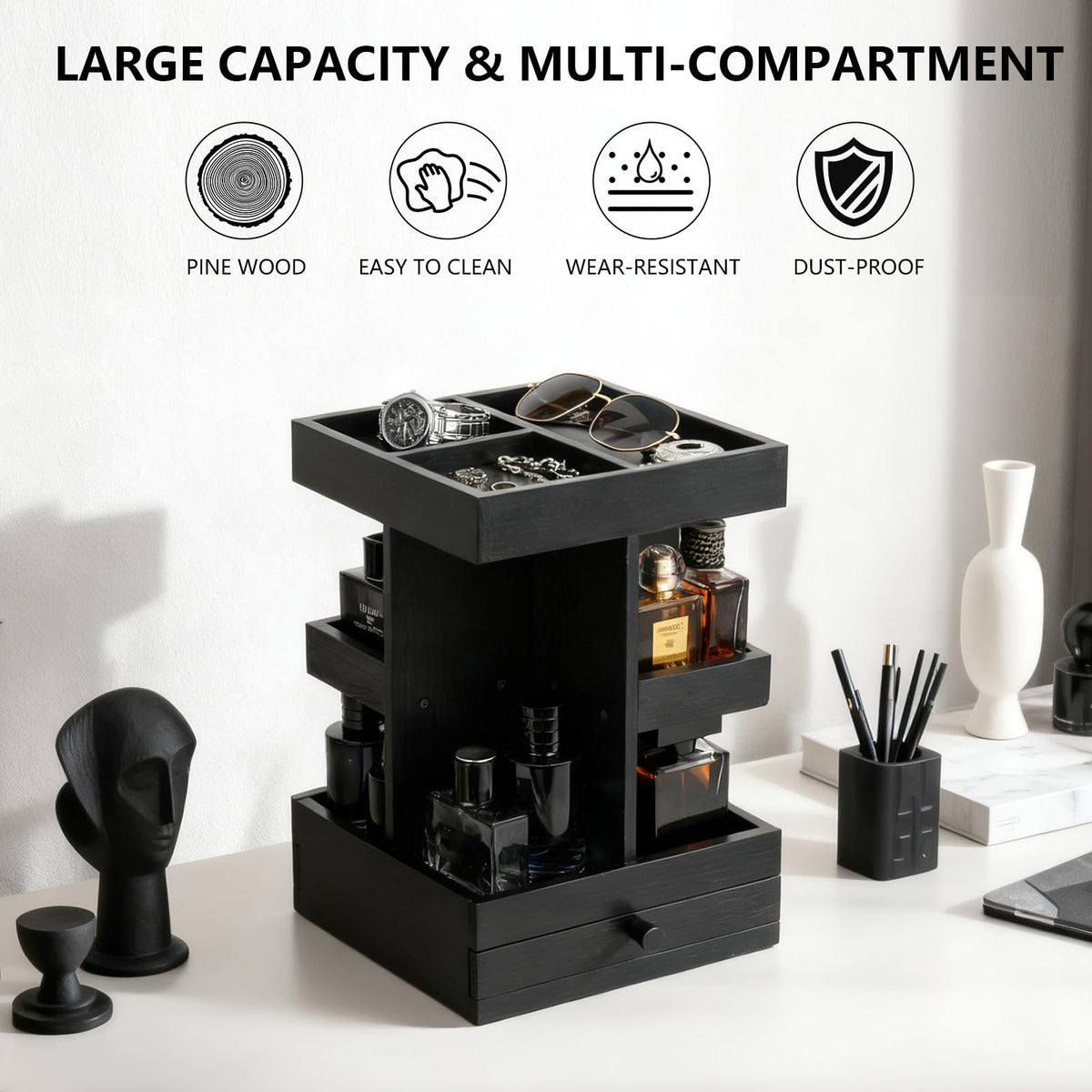 Rotating Cologne Organizer for Men Black Wooden Perfume - VYNOPA Official Imagery - 7