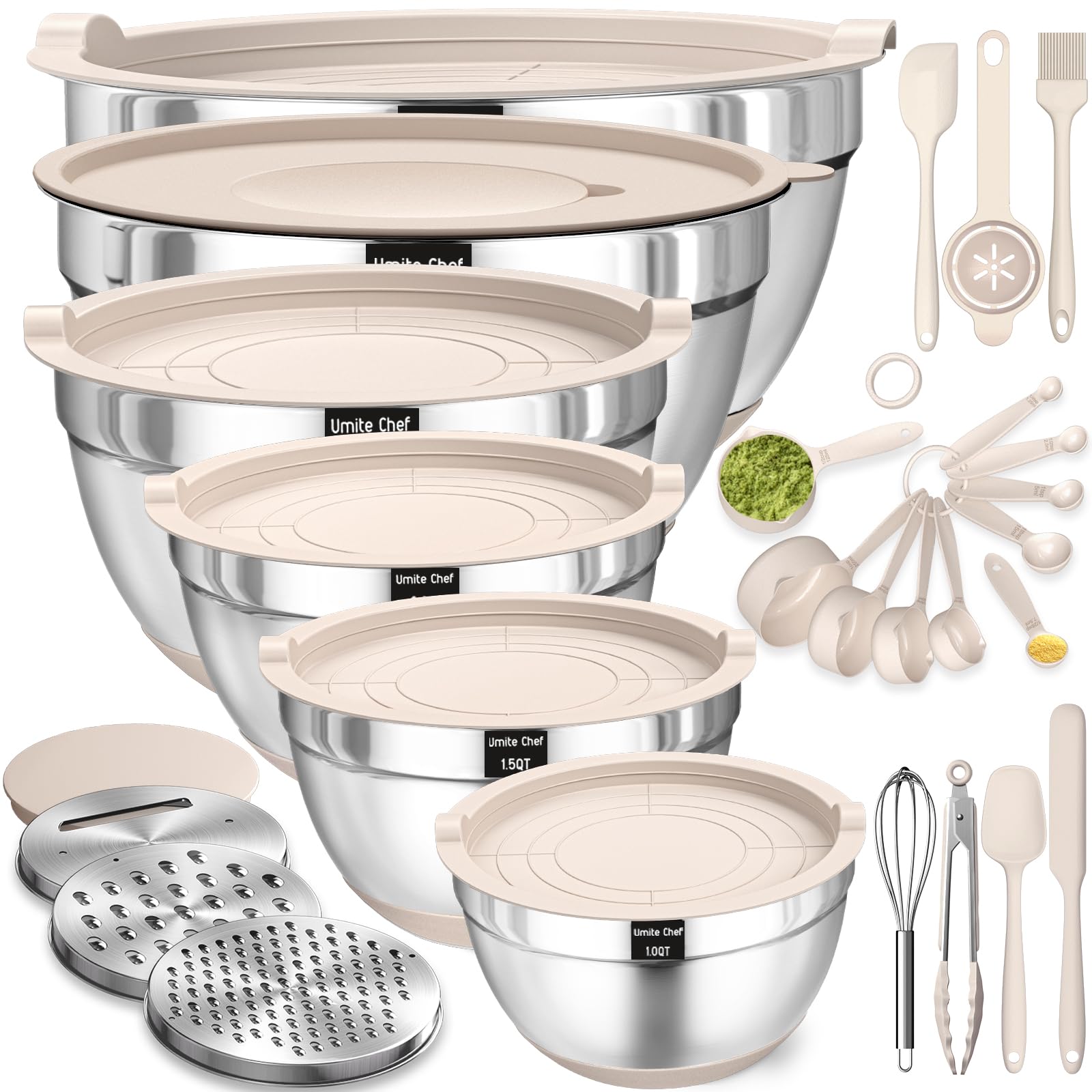 Mixing Bowls with Airtight Lids Set, 26PCS Stainless Steel Khaki - Product Imagery