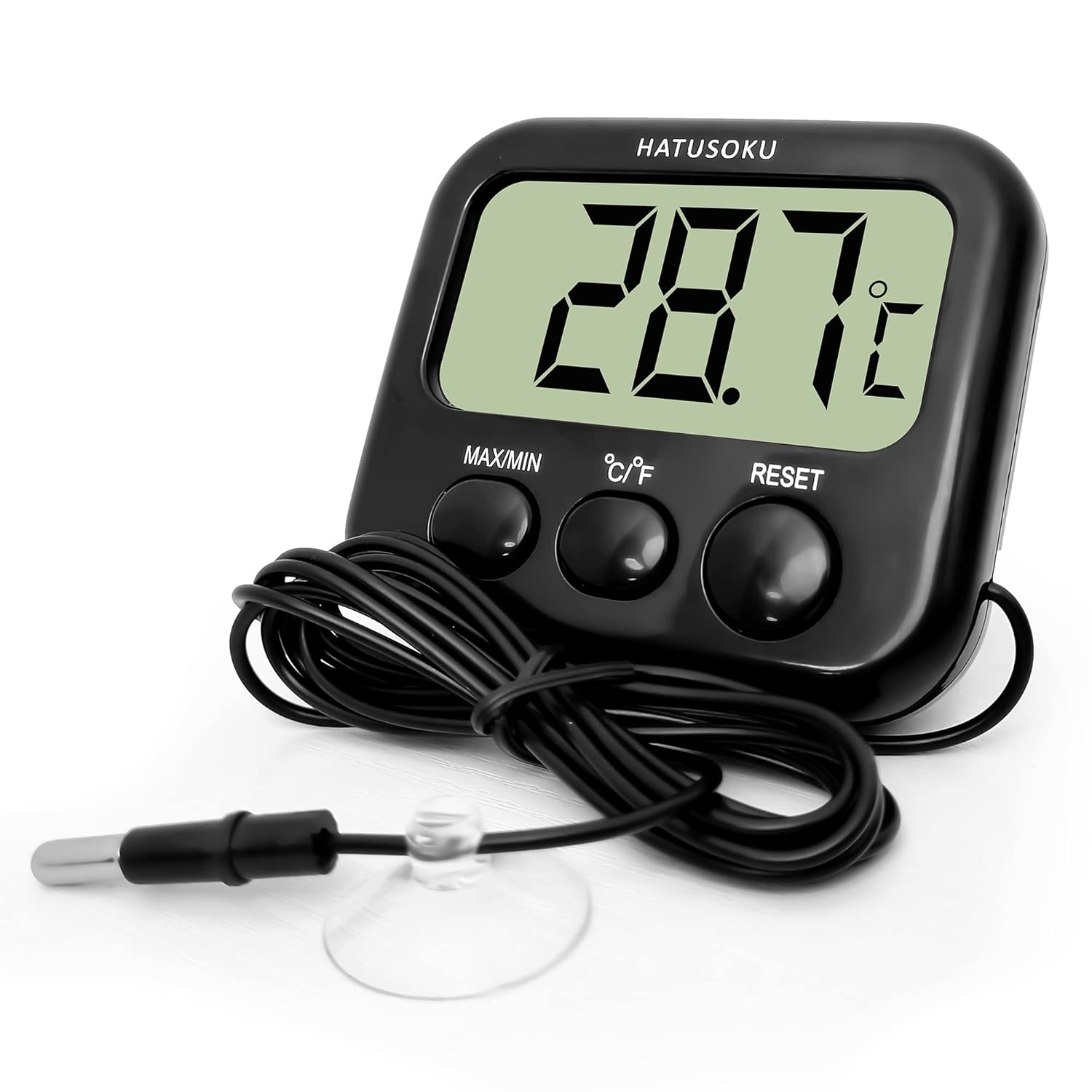 HATUSOKU digital thermometer with external sensor, magnet, suction cup, and water temperature display on a white background