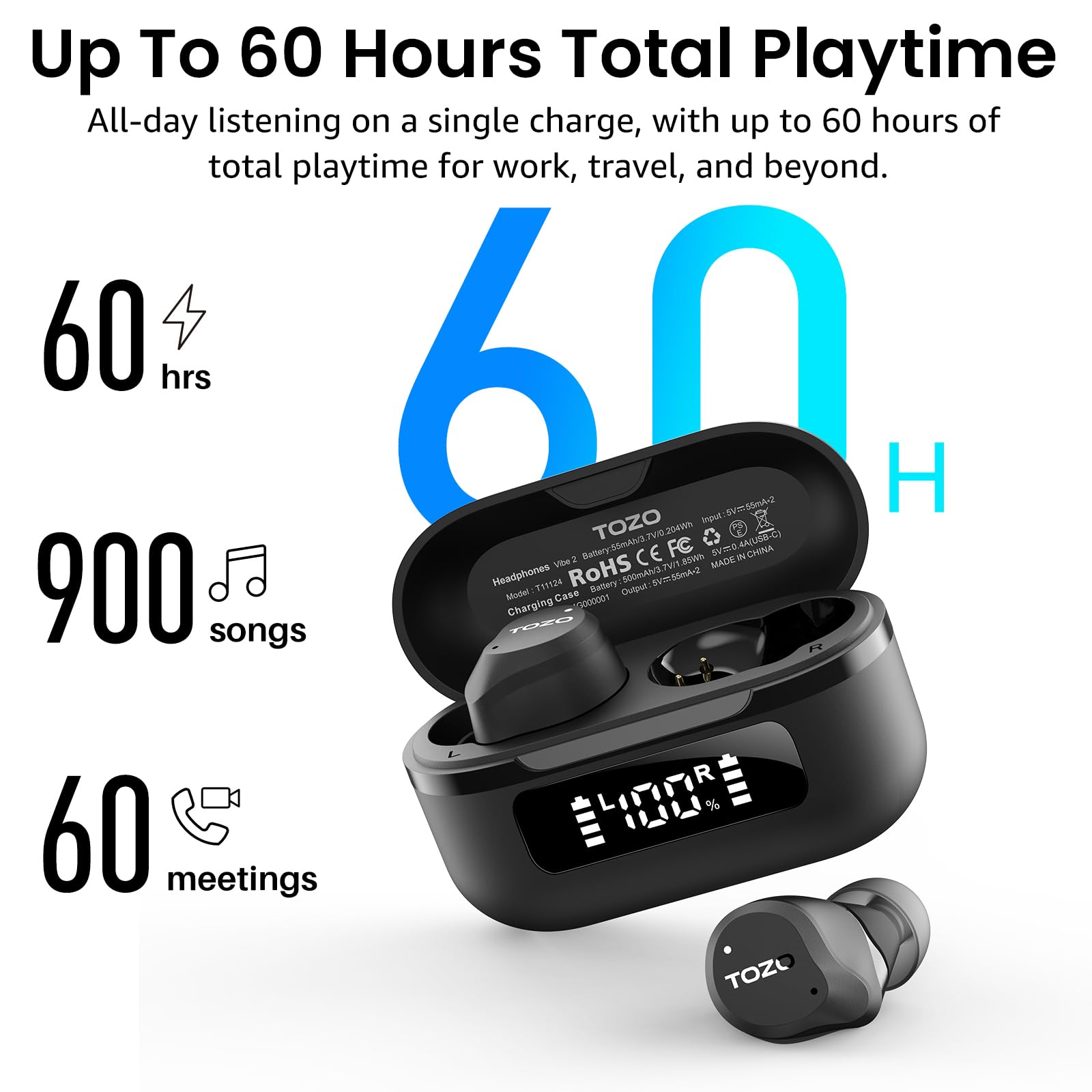TOZO NC9 Hybrid Active Noise Cancelling Wireless Earbuds, 60H, LE - TOZO Official Product View 4