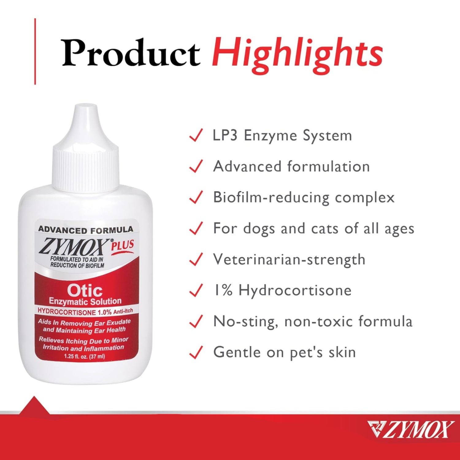 Zymox Advanced Formula Otic Plus enzymatic ear solution for dogs and cats, showing the bottle and applicator in the image.