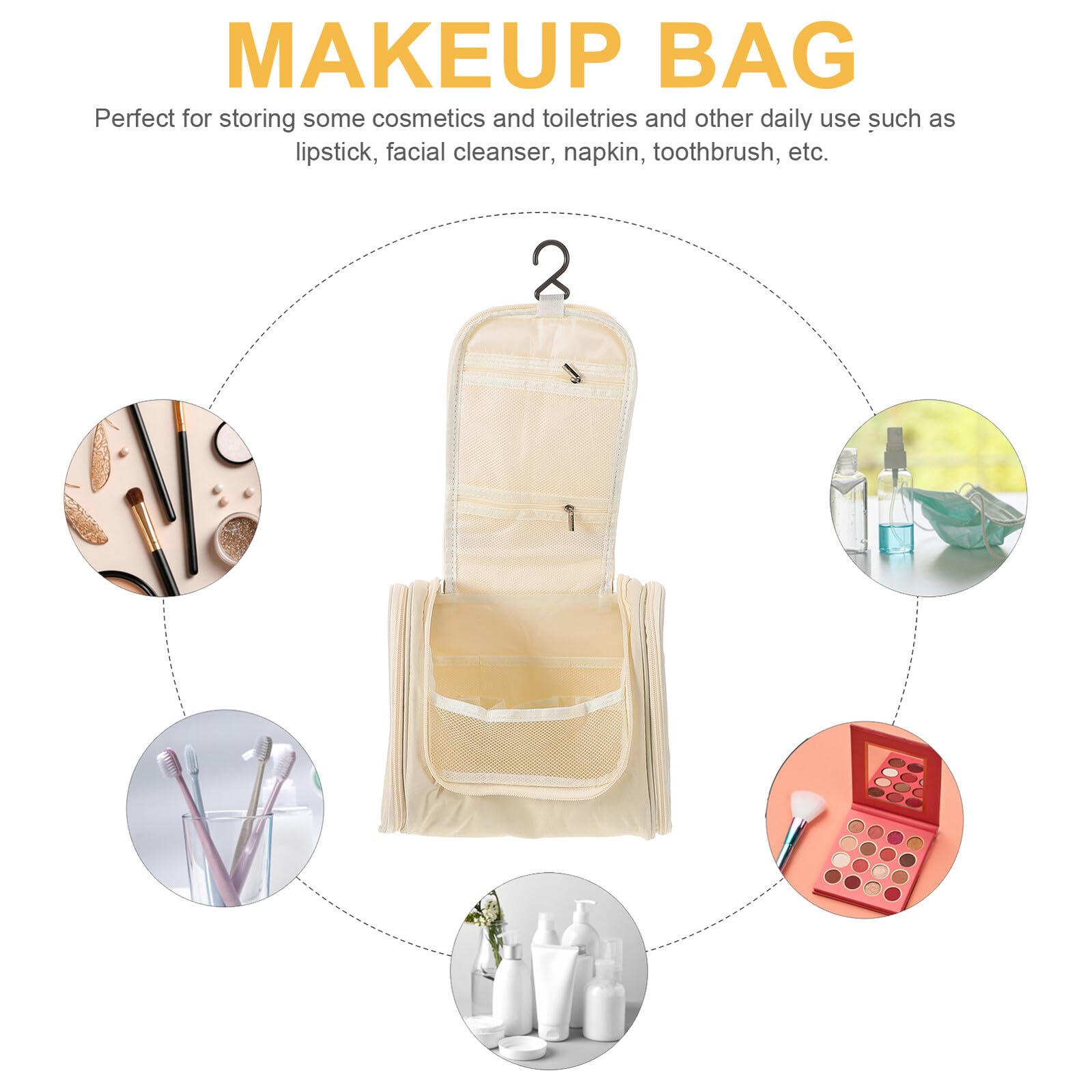 MUSISALY large beige waterproof cosmetic case with handle, hanging travel makeup organizer for toiletries and skincare accessories.