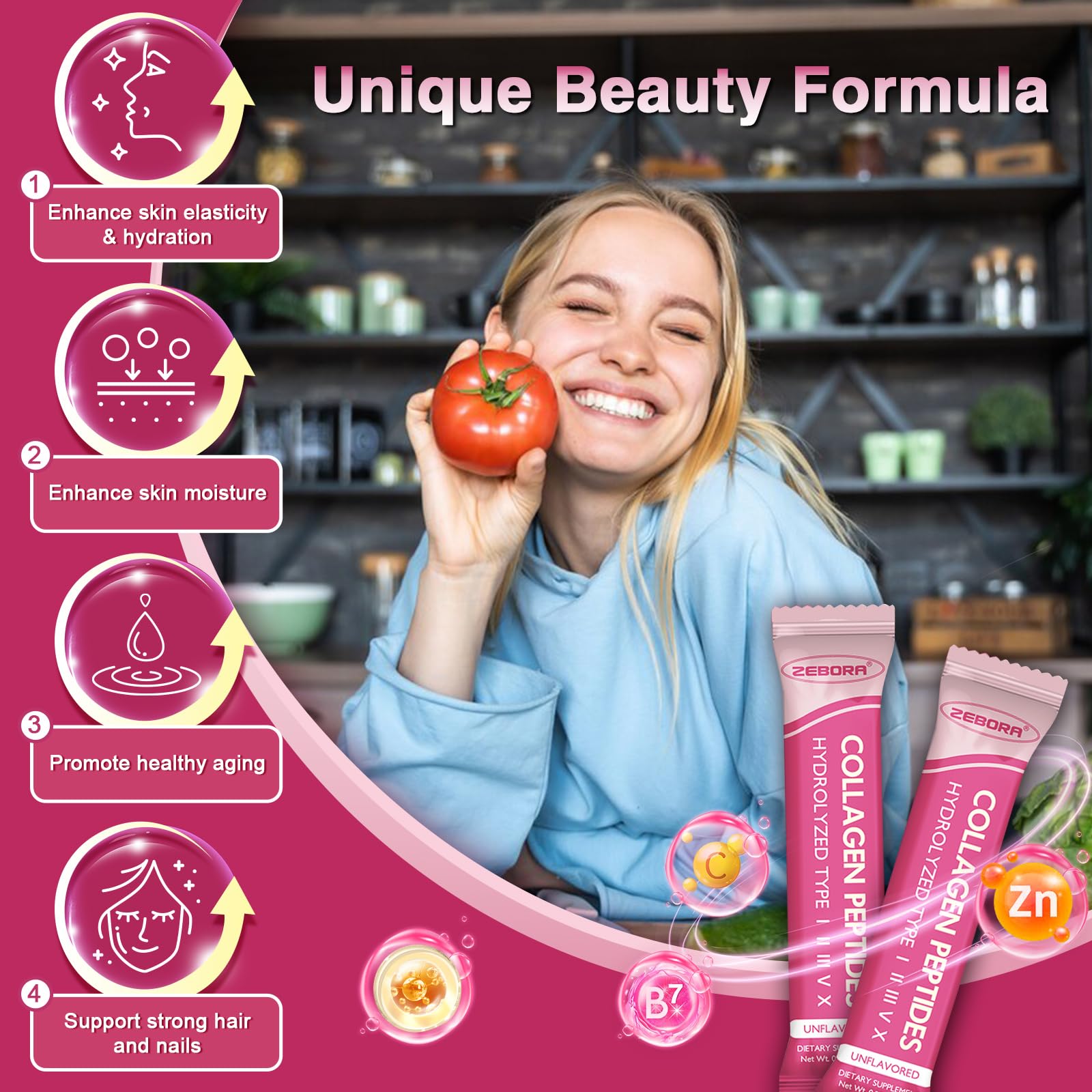 ZEBORA Multi Collagen Peptides Powder Packets for Women 30 - ZEBORA Official Imagery - 4