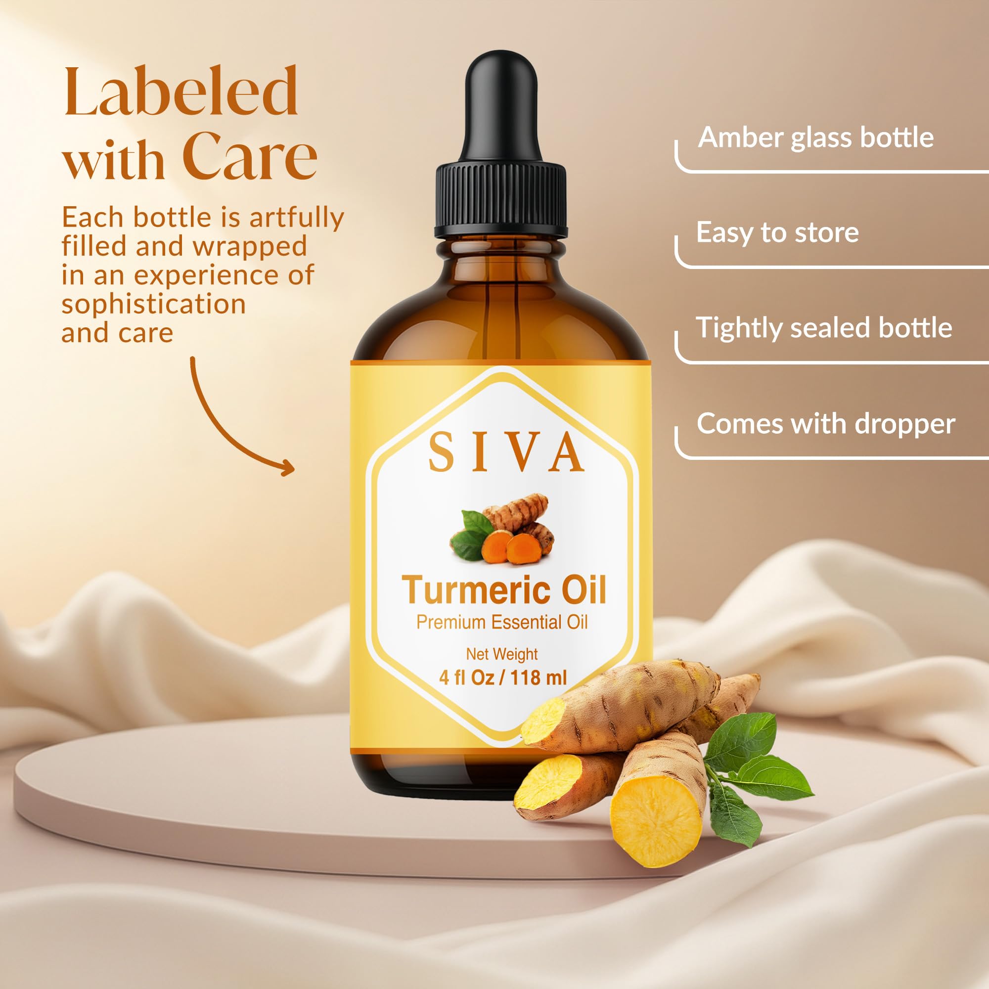 SIVA Organics turmeric essential oil in a 4oz glass bottle with dropper, golden yellow liquid for aromatic and therapeutic use.