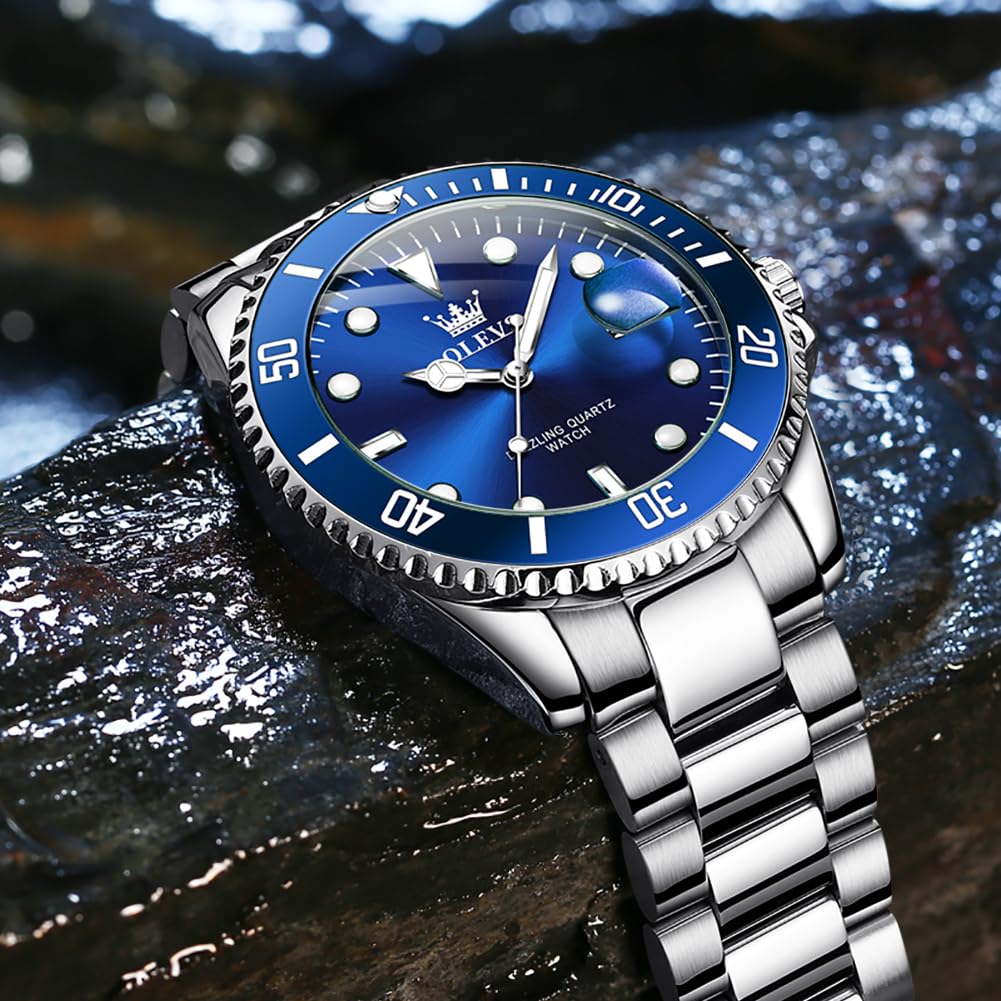 OLEVS Men's Silver & Blue Ocean Dial Dress Watch Quartz Date