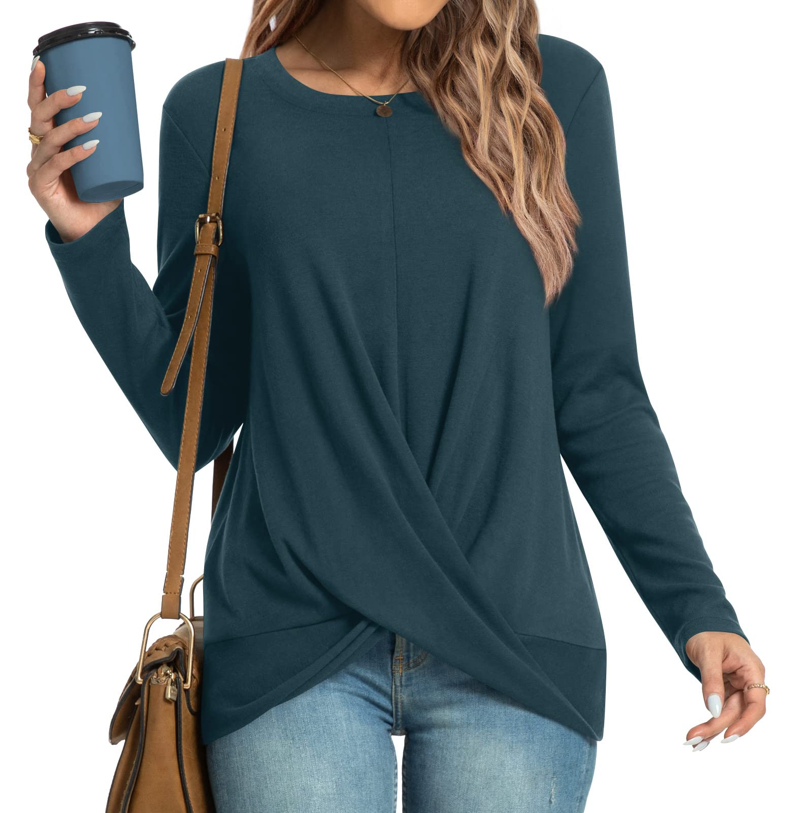 Women Tunic Tops, Long Sleeve Crewneck Shirt Twist Front Blouse - Product Imagery