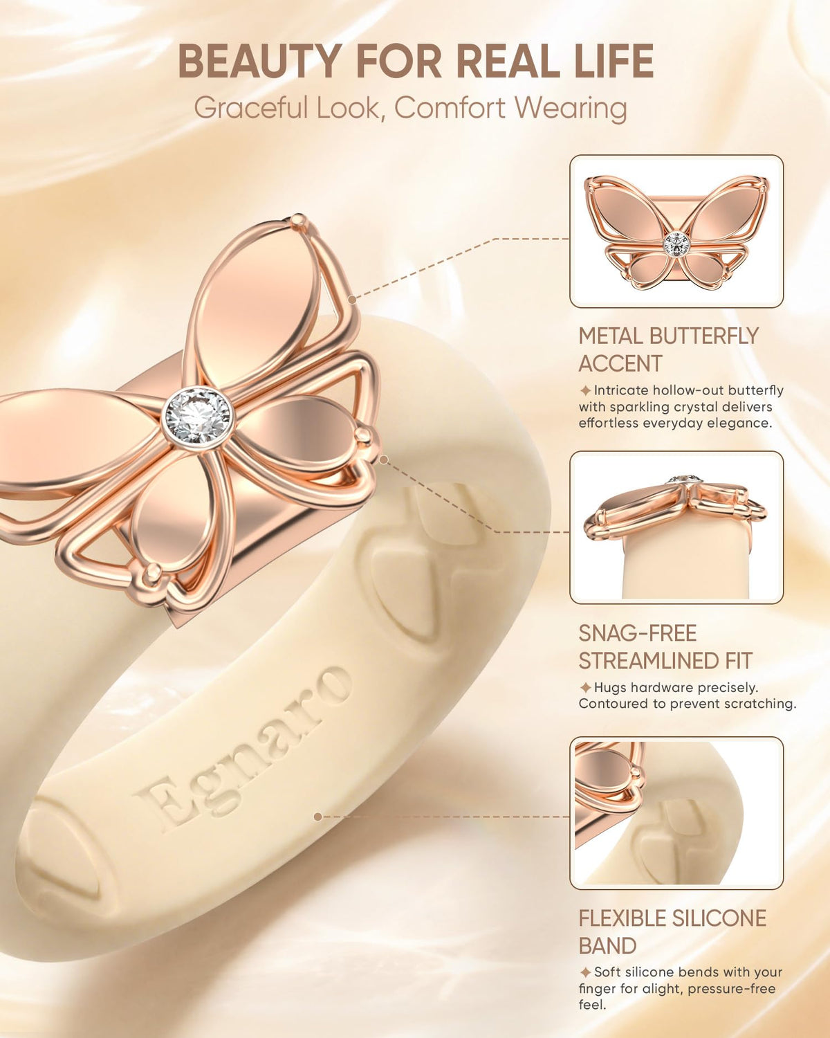 Egnaro Women Silicone Ring with Copper Alloy Butterfly - Egnaro Official Imagery - 5