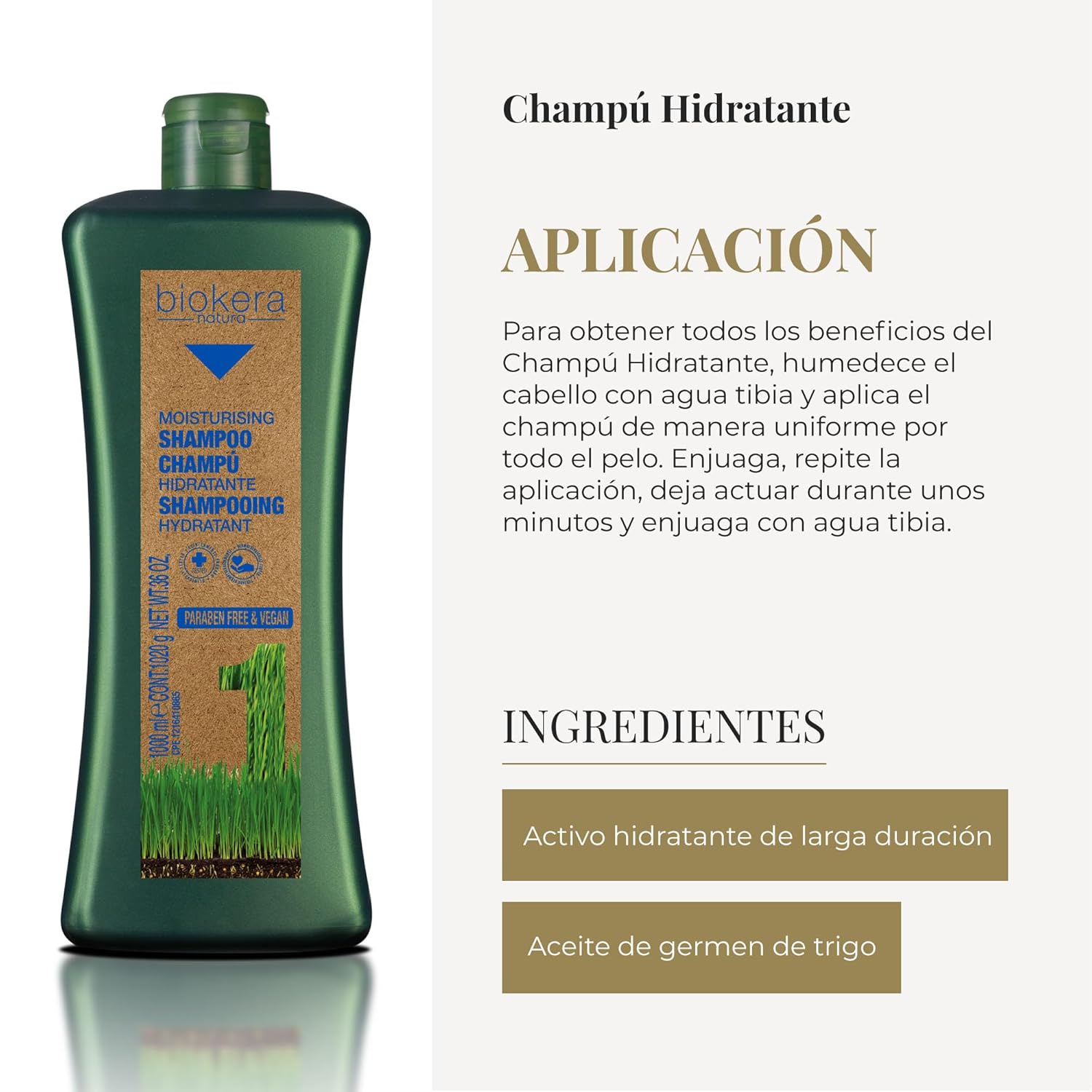 Salerm Biokera Natura Moisturising Shampoo bottle, 36 oz, with natural ingredients and clear label, on a white background.