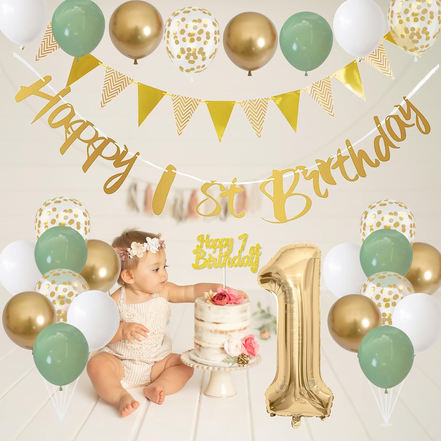 Sage green, white, and gold 1st birthday balloons for boys and girls, decorative balloon set by Jobkoo