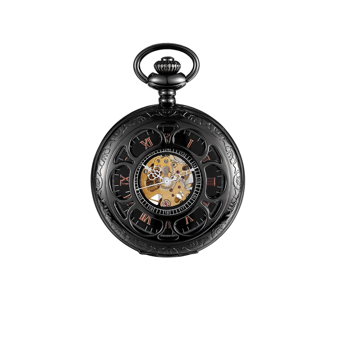 ShoppeWatch steampunk pocket watch with chain for men, featuring intricate vintage design and classic timepiece details.