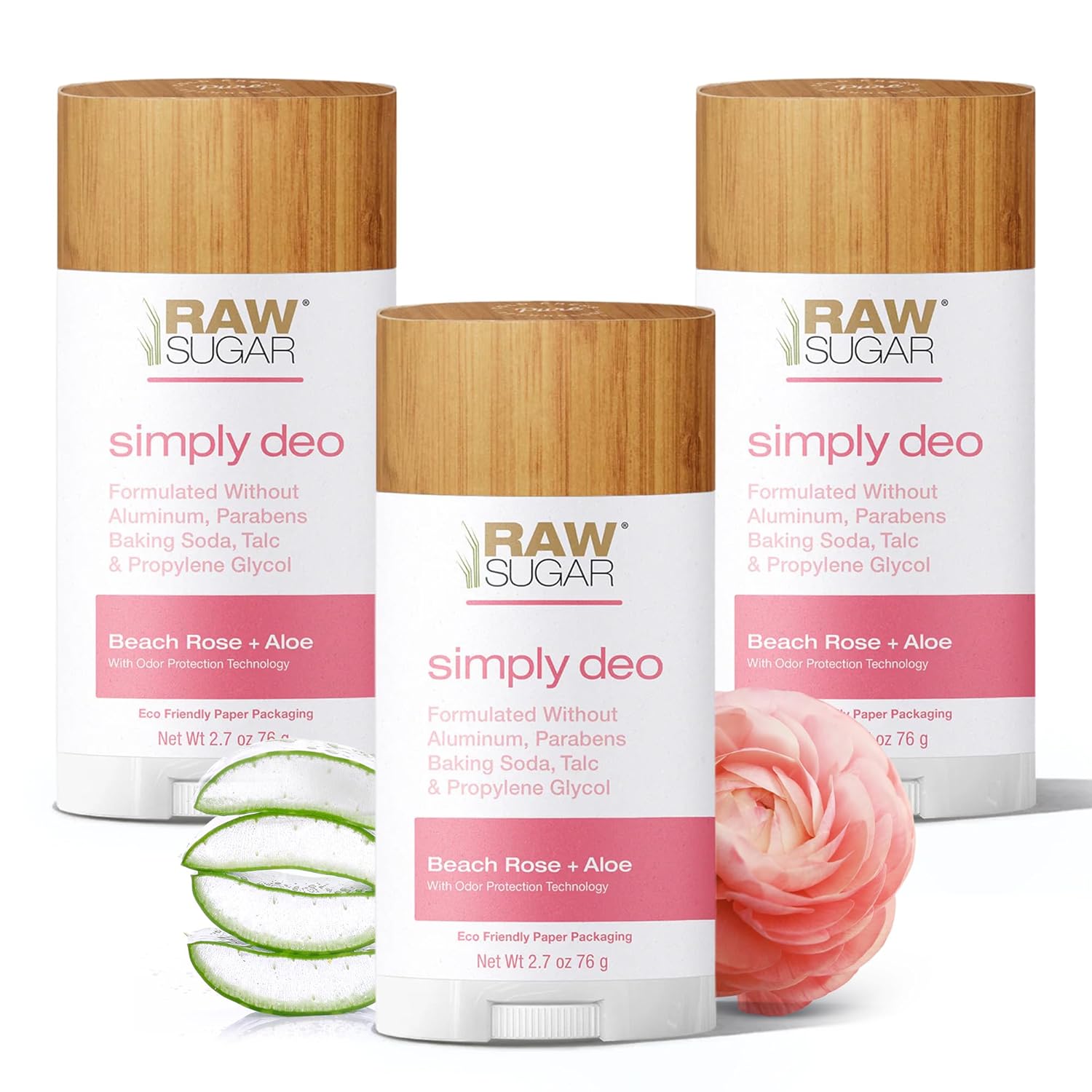 RAW SUGAR aluminum-free deodorant stick in Simply Deo bundle, natural deodorant for whole body use, pack of three.