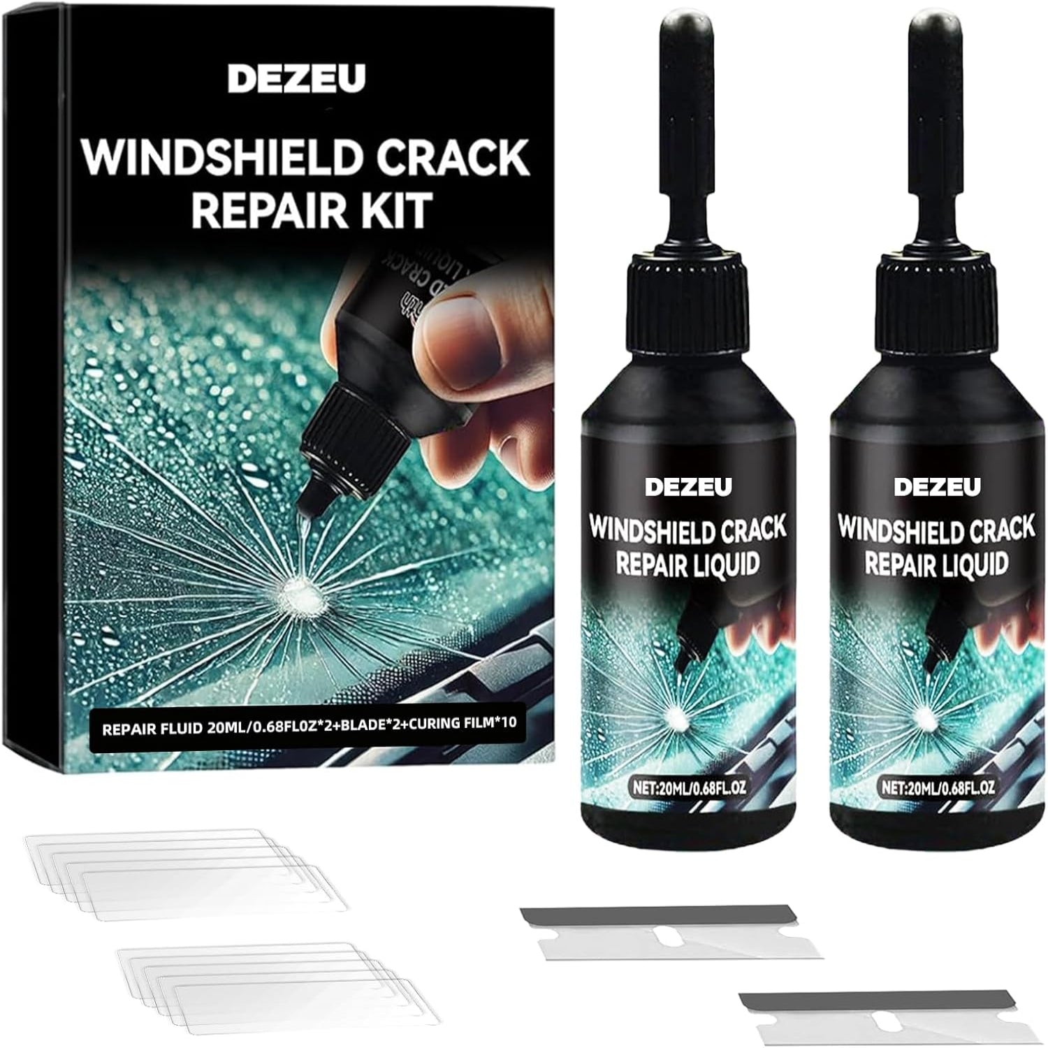 DEZEU 2026 windshield crack repair kit with two upgraded bottles for glass crack and chip repair on vehicles