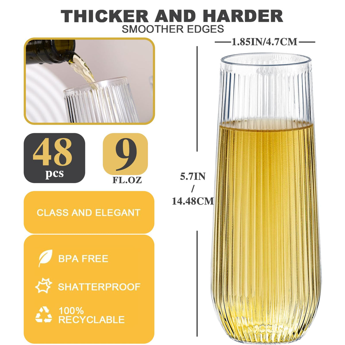 48 Pack Ribbed Plastic Champagne Flutes 9 Oz Stemless - Lueumxc Official Imagery - 4