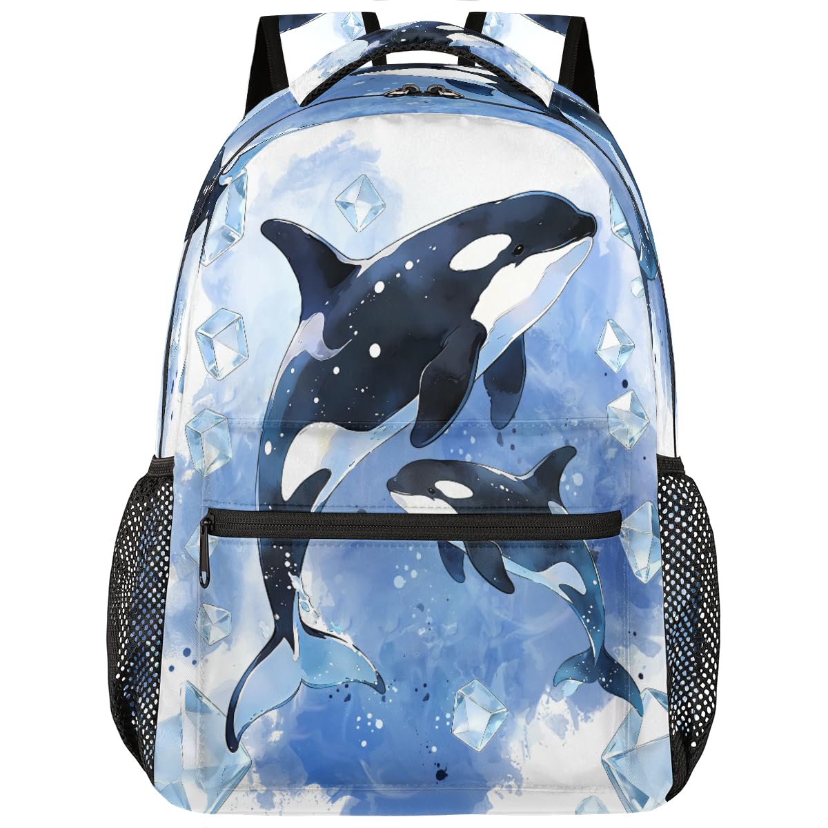 AUUXVA kids backpack featuring a colorful killer whale design, waterproof and durable school shoulder bag for students and teens