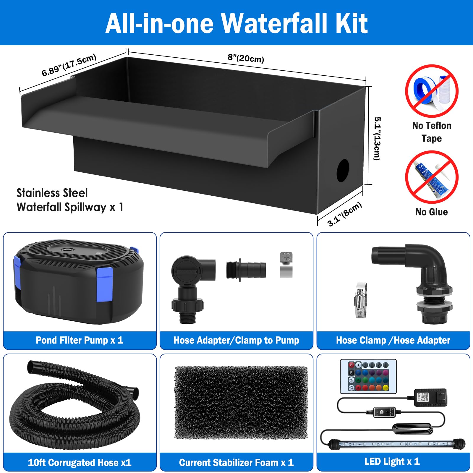 AquaMiracle Pond Waterfall Kit with Lights | 8" Stainless Steel W - AquaMiracle Official Product View 7