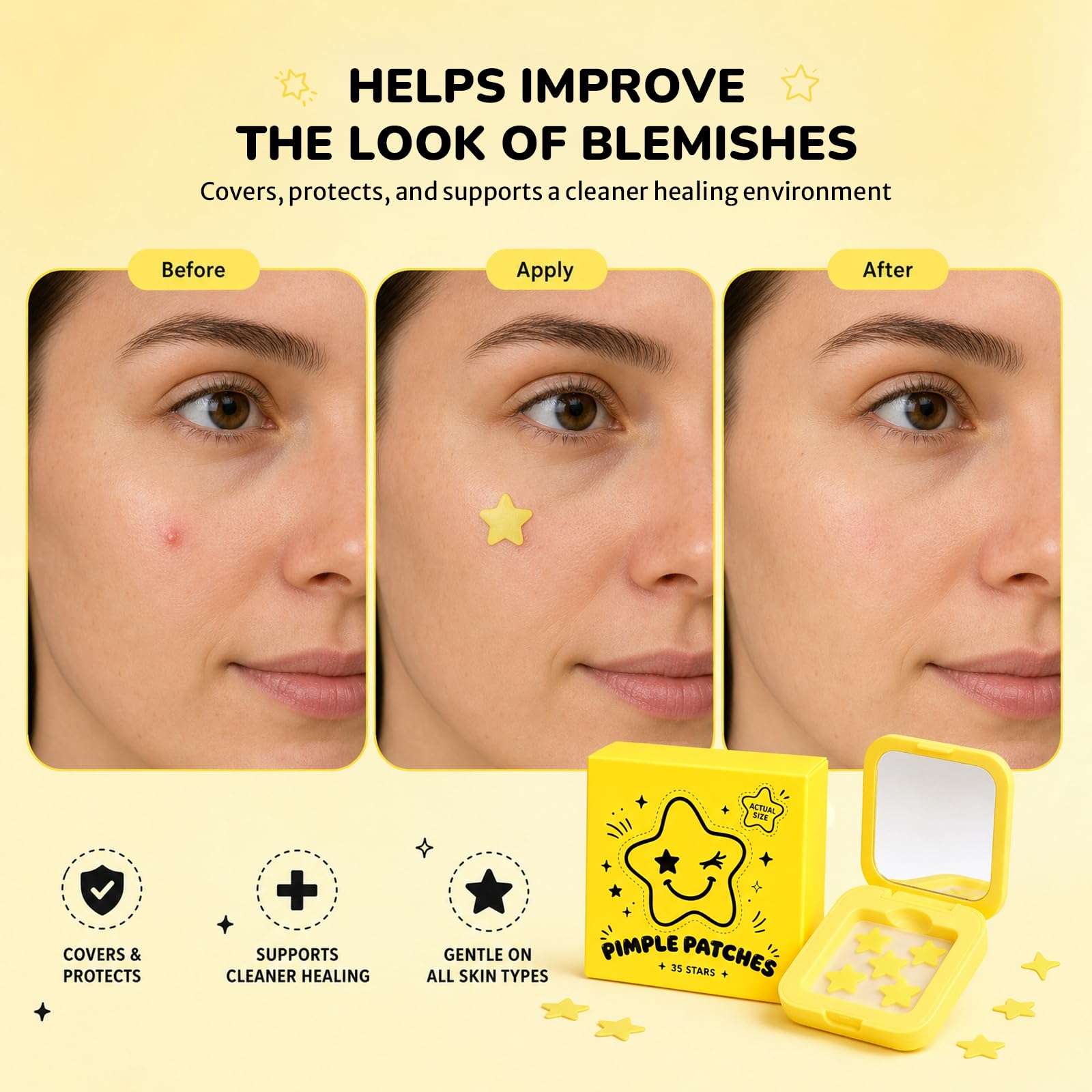 Star Pimple Patches with Yellow Mirror Compact, Hydrocolloid - Vosteovip