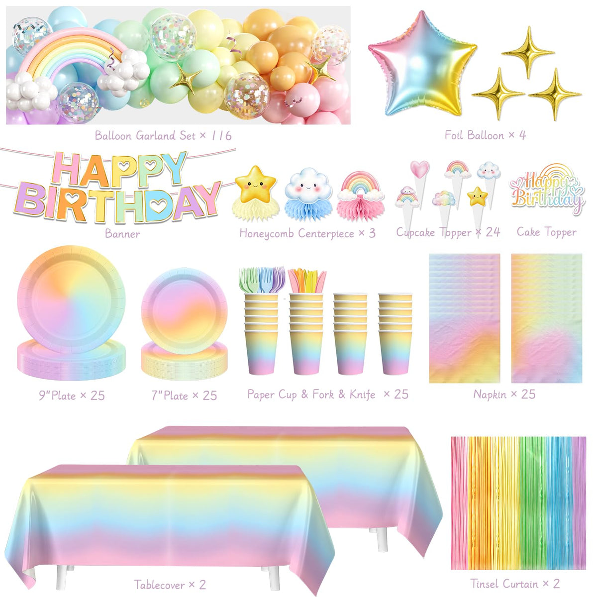 Pastel Rainbow Birthday Decorations All in One Set for 25 - Fexivo Official Imagery - 3