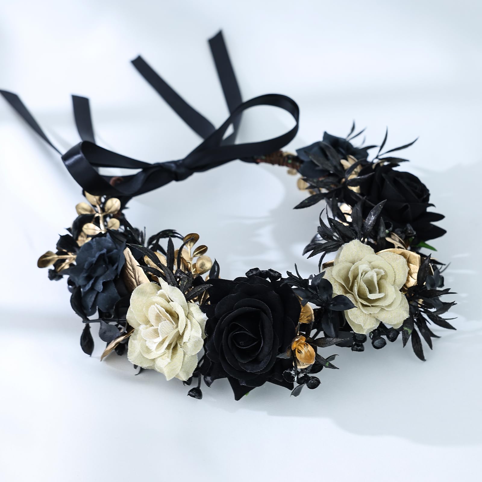 Gothic black flower crown hairband with roses, floral headpiece for women, perfect for wedding or gothic fashion.
