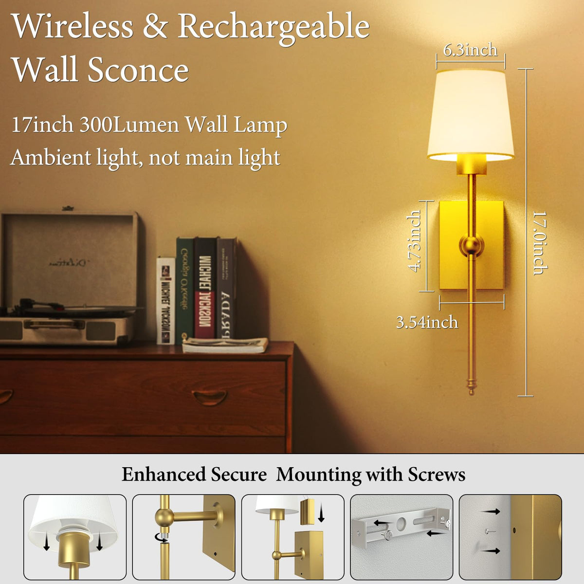 Battery Operated Wall Sconces Set of 2 Gold Rechargeable - iThird Official Imagery - 3