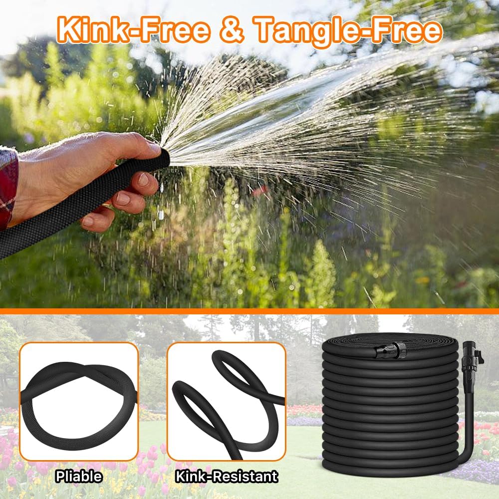 Vazpalas 75ft lightweight garden hose with triple layer construction and 3/4-inch fittings, flexible and durable for watering gardens.