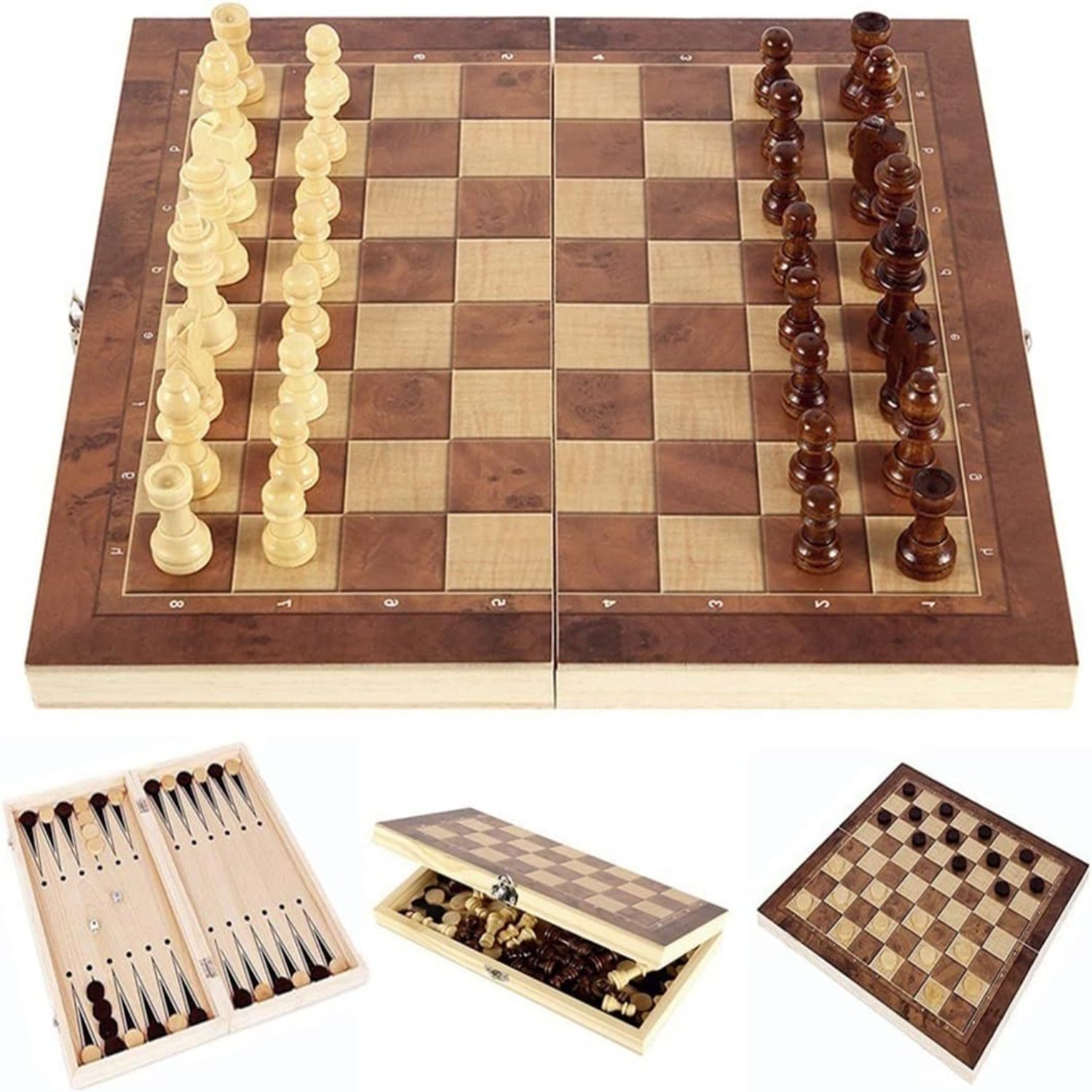 DUBSTAR folding wooden chess set with 17-inch chessboard and storage compartments, featuring carved chess pieces on a wooden surface.