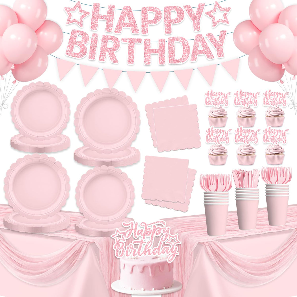 196Pcs Pink Birthday Party Decorations Tableware Set Serves - Yingoto Official Imagery - 1