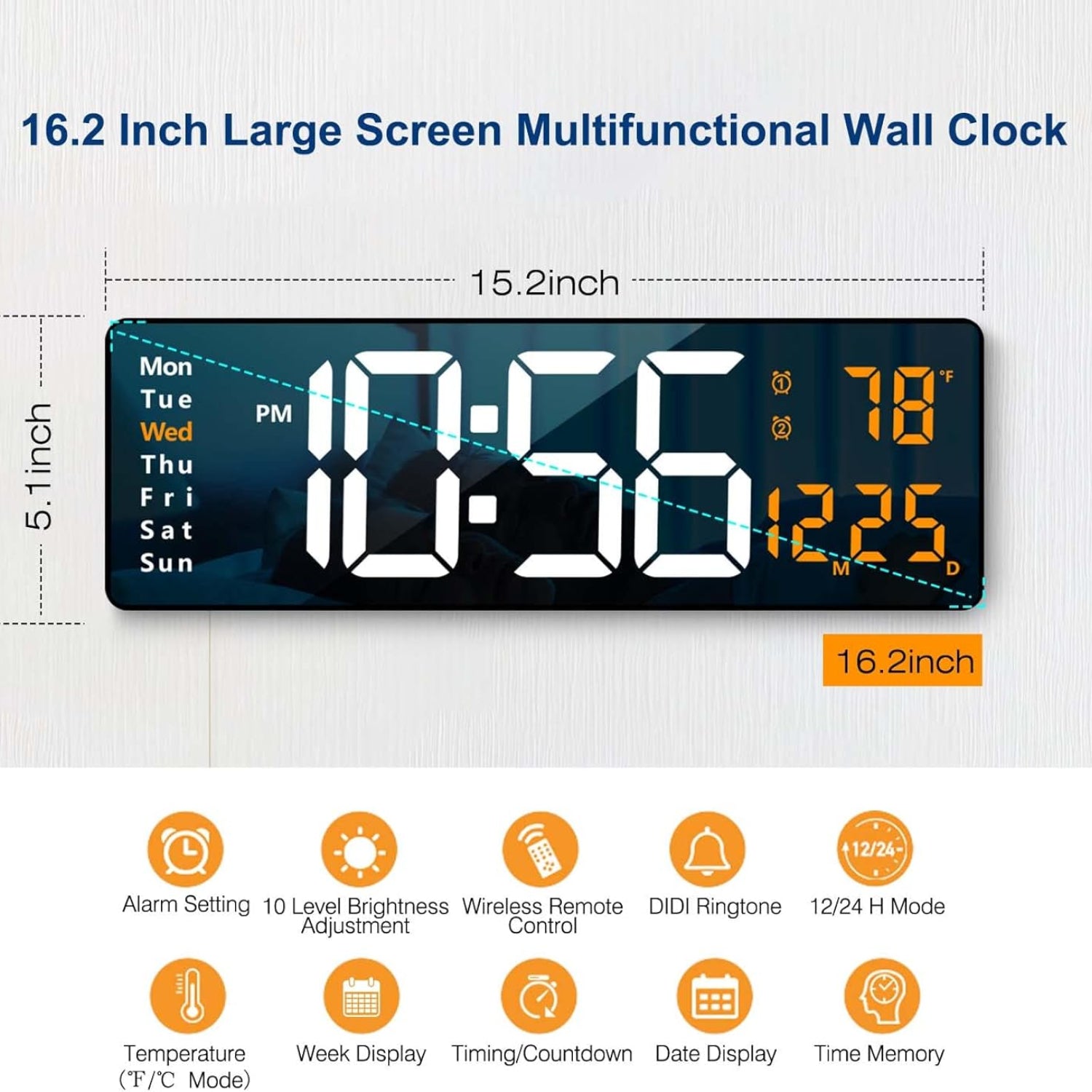 Large 16.2-inch LED digital wall clock by Abovsare with remote control, featuring clear, bright display for easy time viewing.