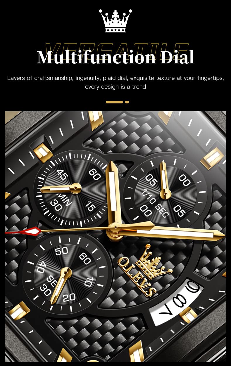 OLEVS Men's Square Chronograph Watch Black Leather Black Dial