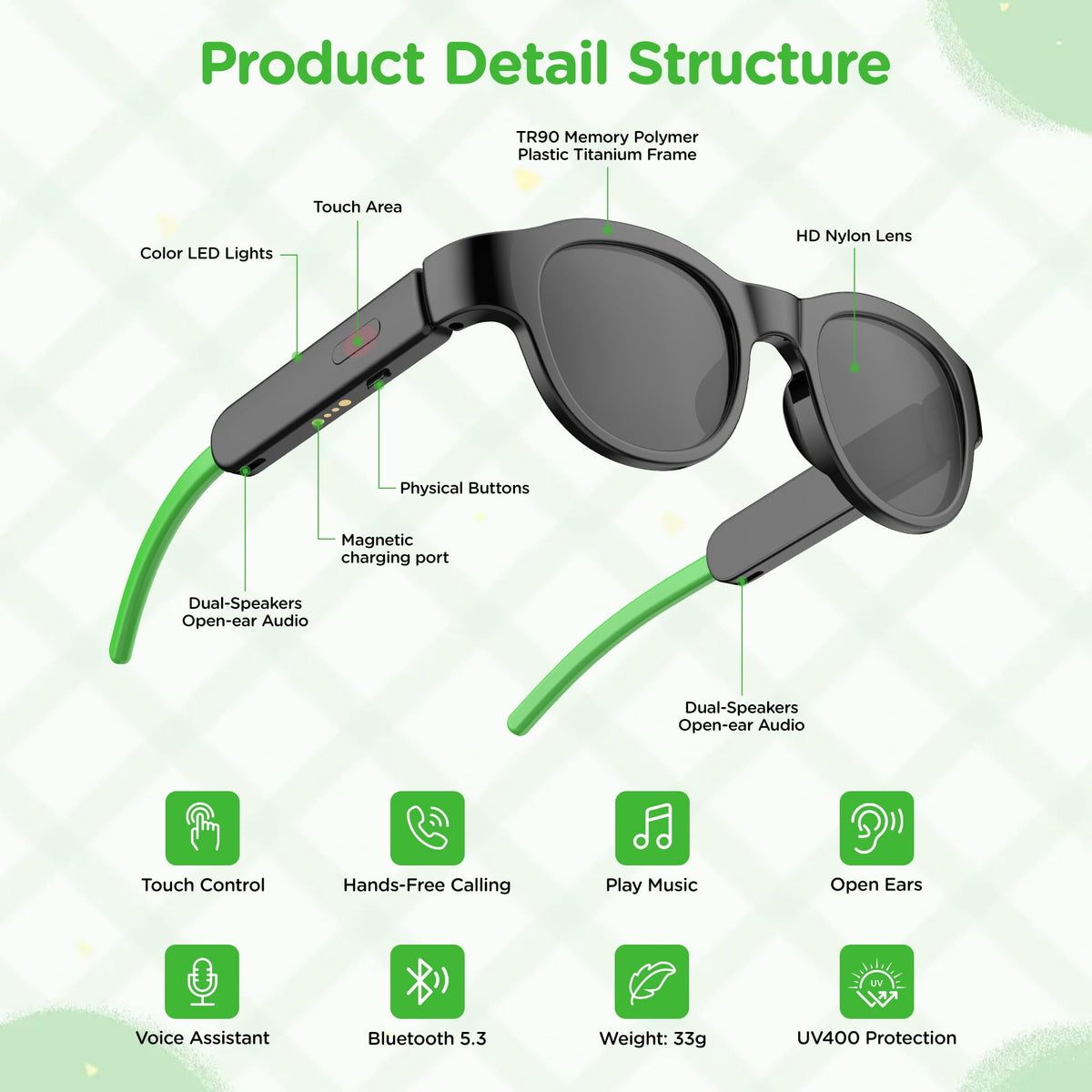 Kids Smart Glasses with LED Lights Bluetooth 5 4 Open Ear - HYYOYEE Official Imagery - 3