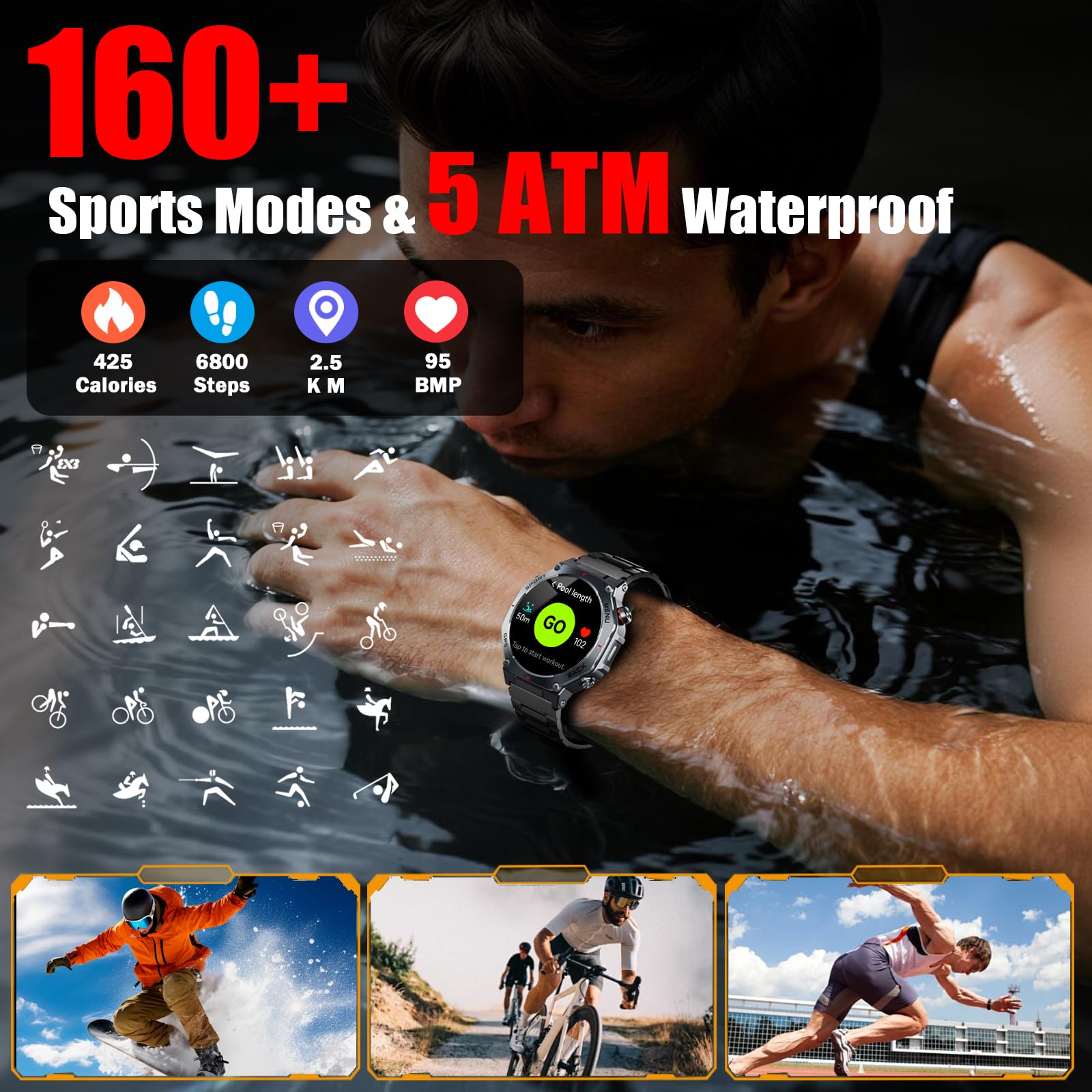 Jugeman Military Smart Watch for Men with Dual-Band GPS, 5ATM Waterpro - View 6
