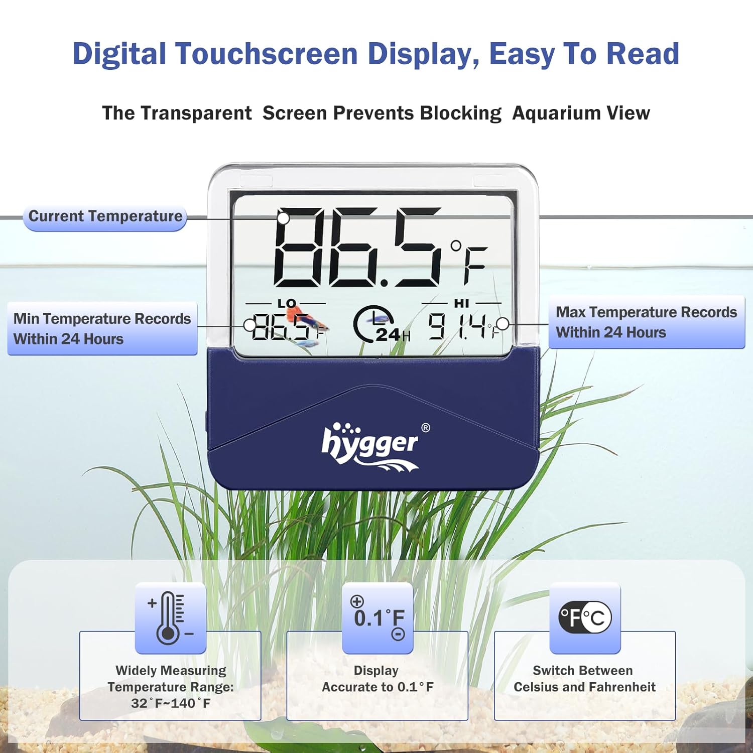 hygger digital aquarium thermometer showing current, max, and min water temperatures in a clear display