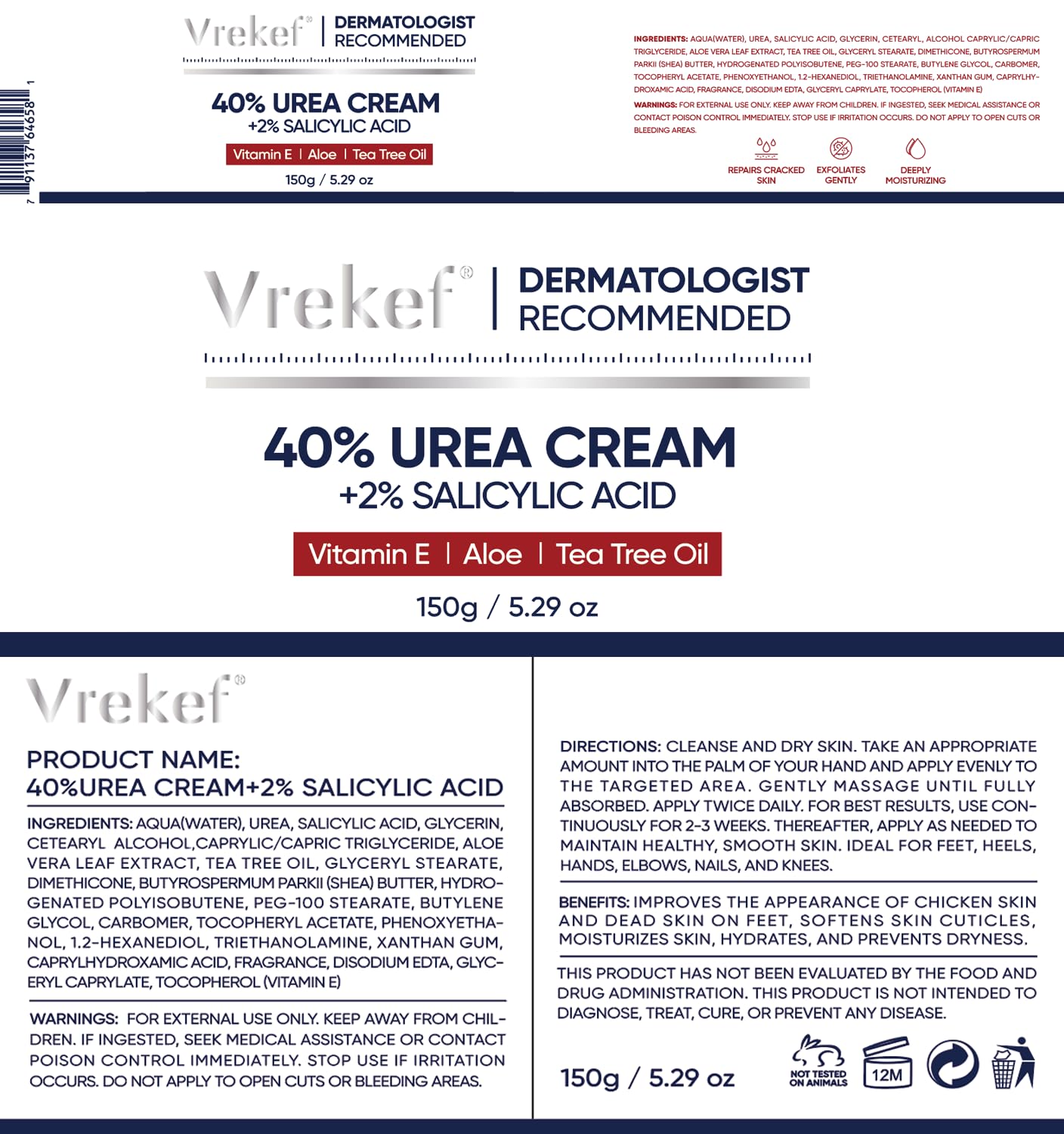 VREKEF 60% Urea cream and salicylic acid skin moisturizer for dry heel repair, showing the 5oz tube and textured heel skin.