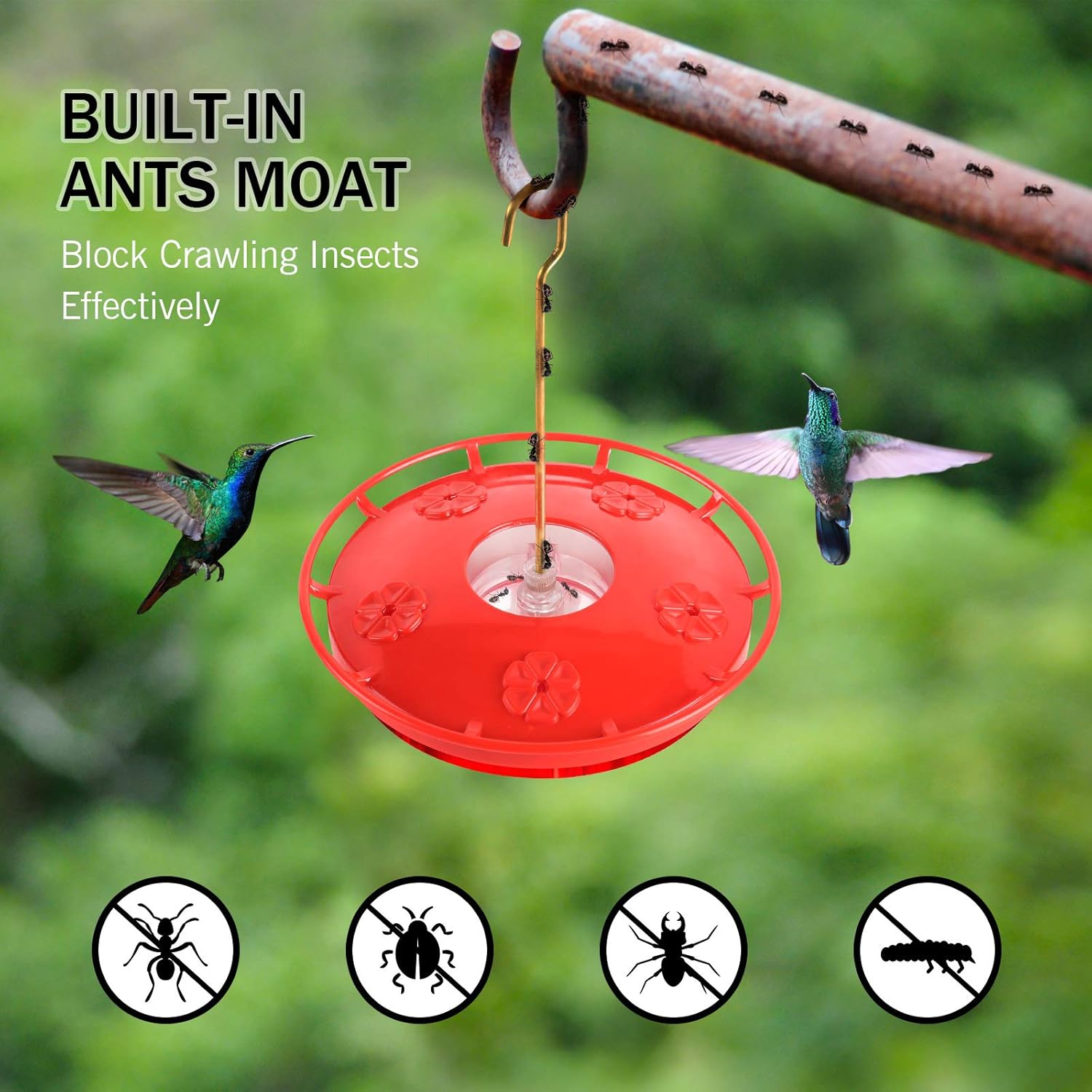 eWonLife 2-pack hummingbird feeders with 16oz capacity, leak-proof saucer, 5 feeding ports, ant moat, and easy cleaning for outdoor garden.