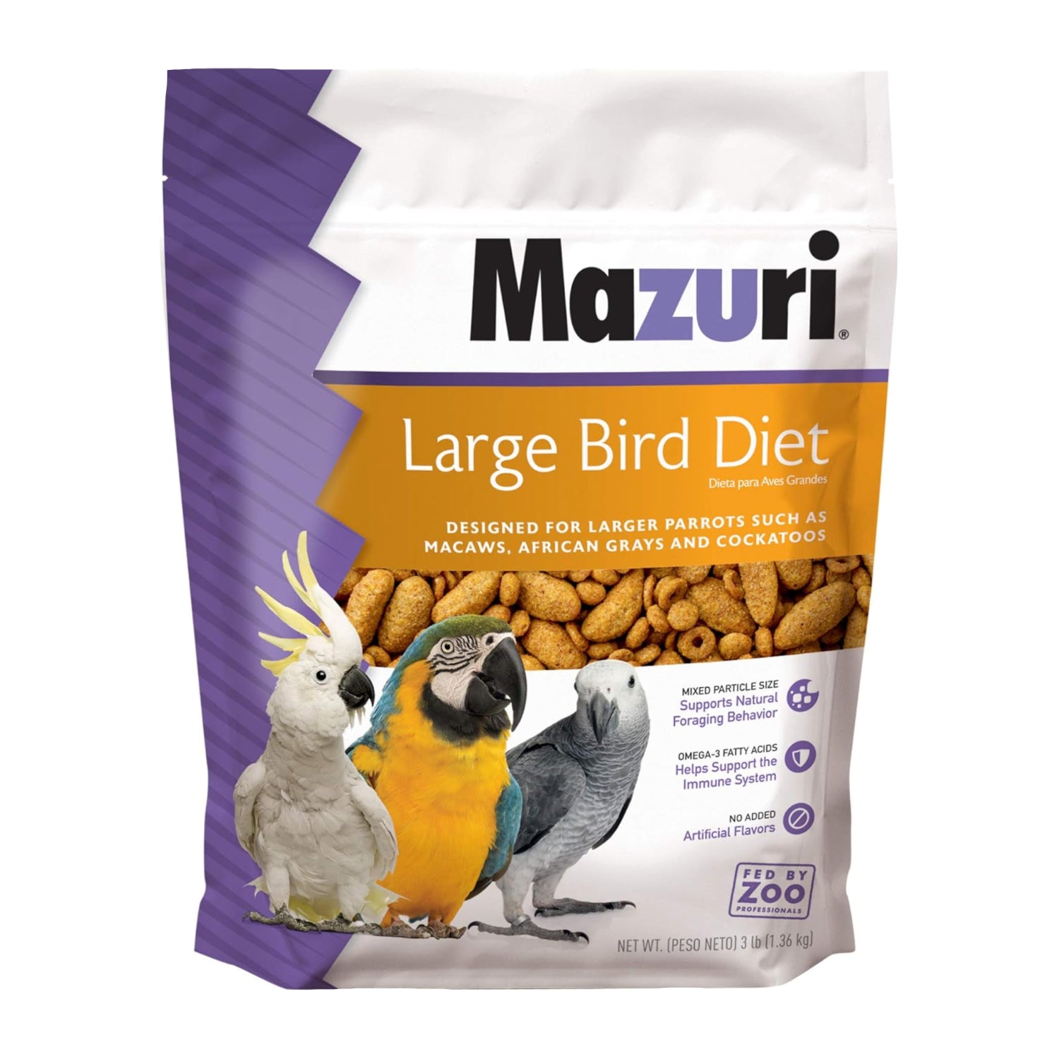 Mazuri large bird food in a 3-pound bag, showing the nutritionally complete bird diet packaging for large bird species.