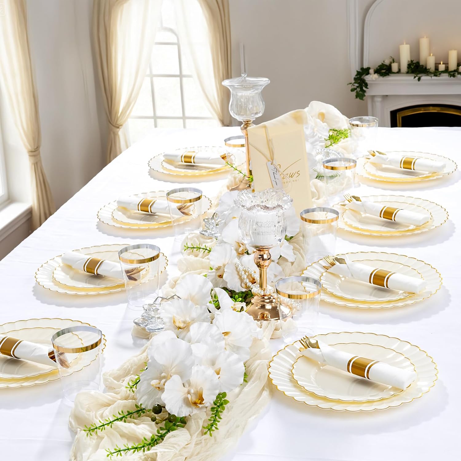YOUBET 350-piece ivory scalloped plastic plates set with gold accents for elegant disposable tableware.