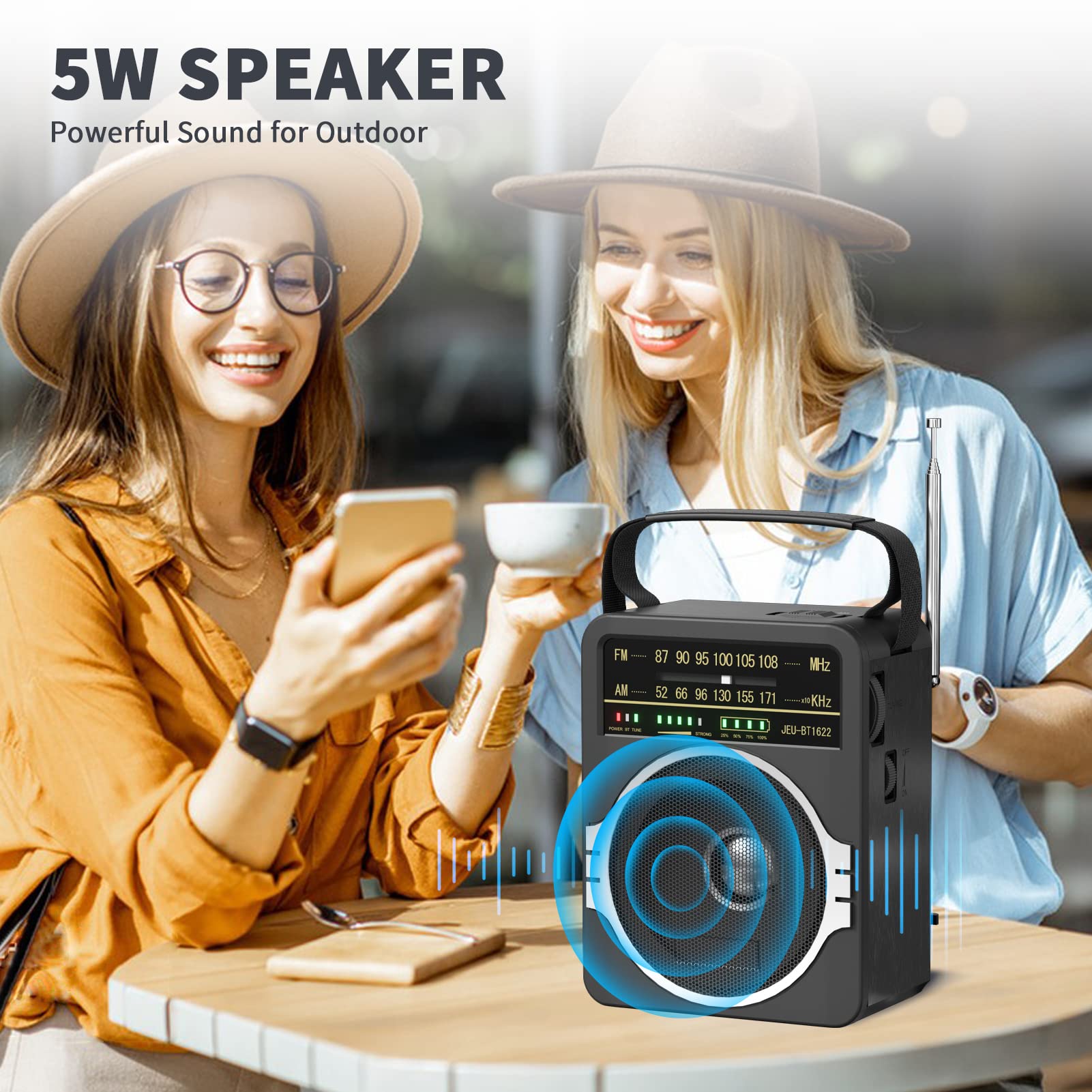 JEUJUG Portable AM FM Bluetooth Radio – 5W Loud Speaker