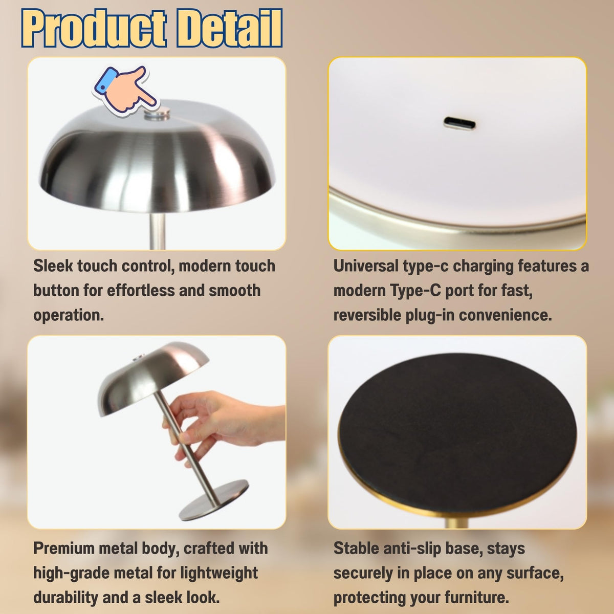 Cordless LED Mushroom Table Lamp 5200mAh Battery Dimmable 3 - JHWDHD Official Imagery - 8