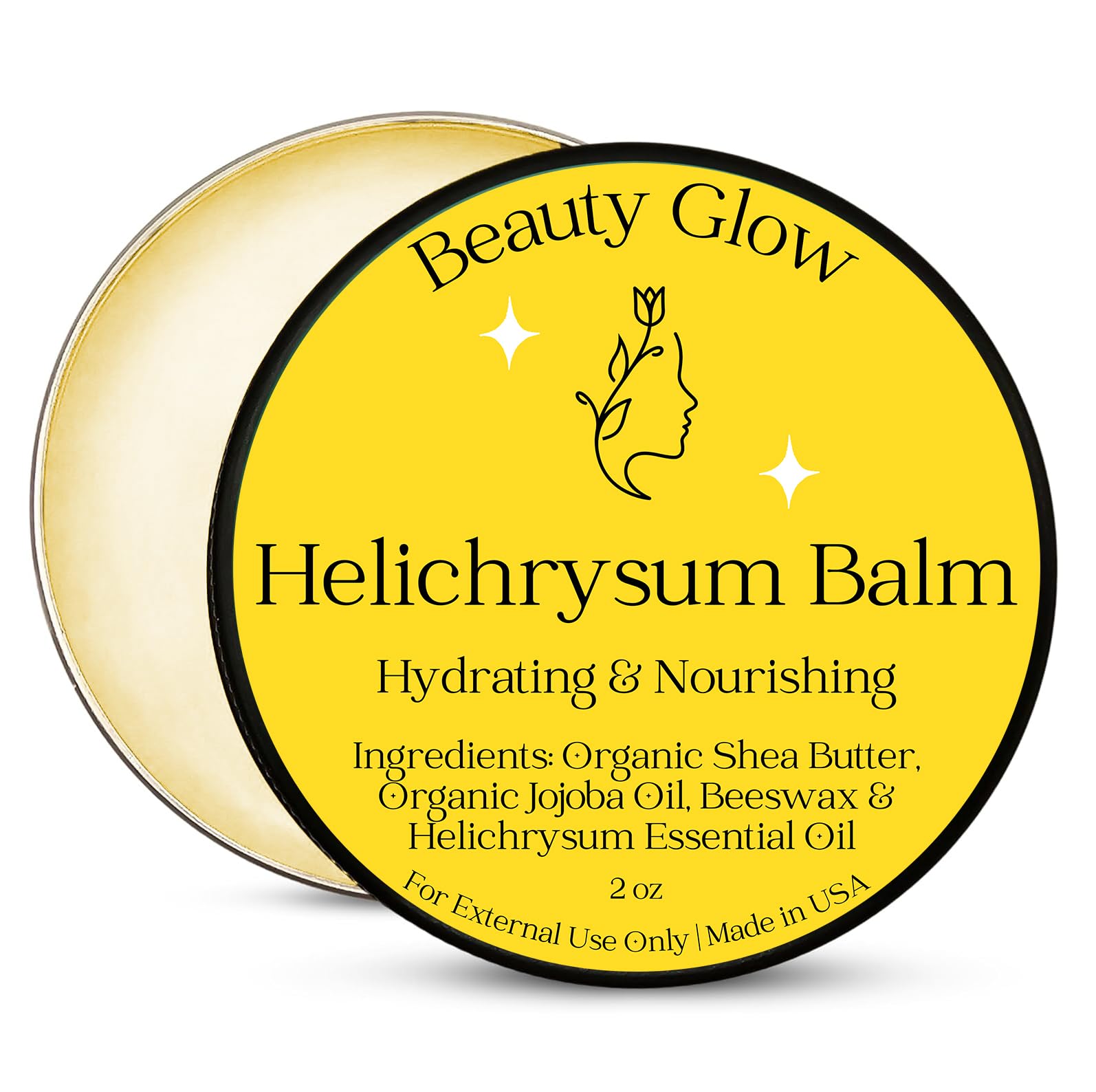 Beauty Glow Organic Helichrysum Balm - 2 oz Helichrysum Gymnocephalium, Shea Butter, Beeswax, Jojoba Oil Ultra-Moisturizing, Skin Healing, Full Body Hydration