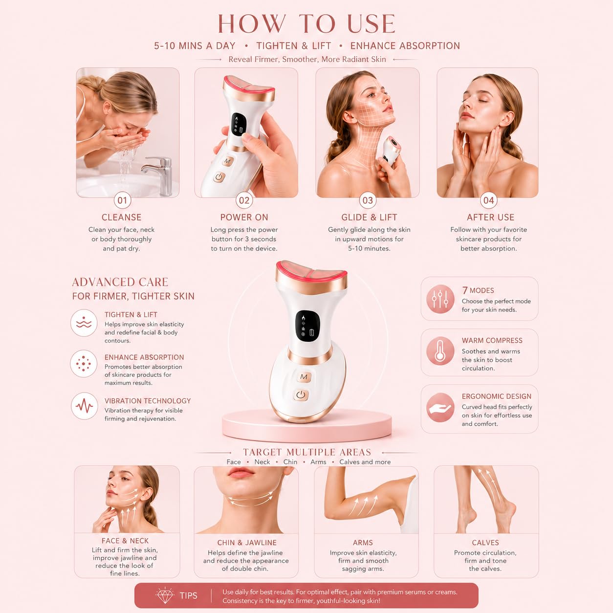 Rylynn Cold Heat Facial Body Massager, Wide-Curved Sculpting Tool for Face Depuffing, Neck and Chest Lifting, 7 Modes Smart Touch Vibration with Red Light for Lymphatic Drainage