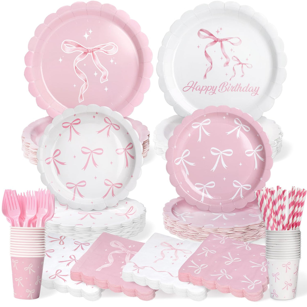 300 Pcs Pink Bow Plates Cups Napkins and Tableware Sets for - Kinovo Official Imagery - 1