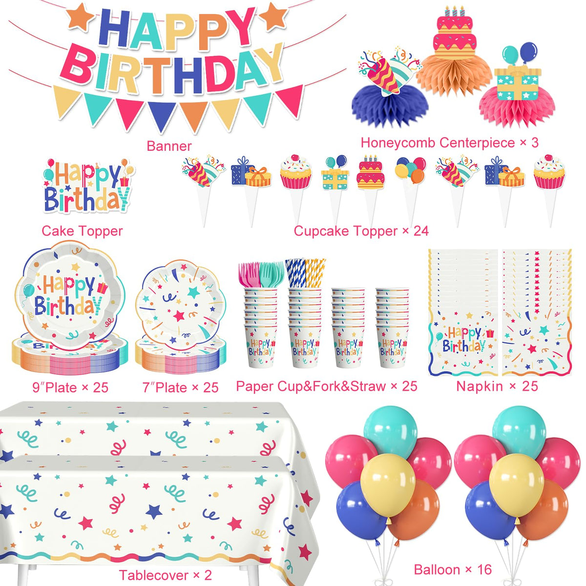 Xynic 197pcs Colorful Birthday Decorations Serves 25 - Xynic Official Imagery - 3