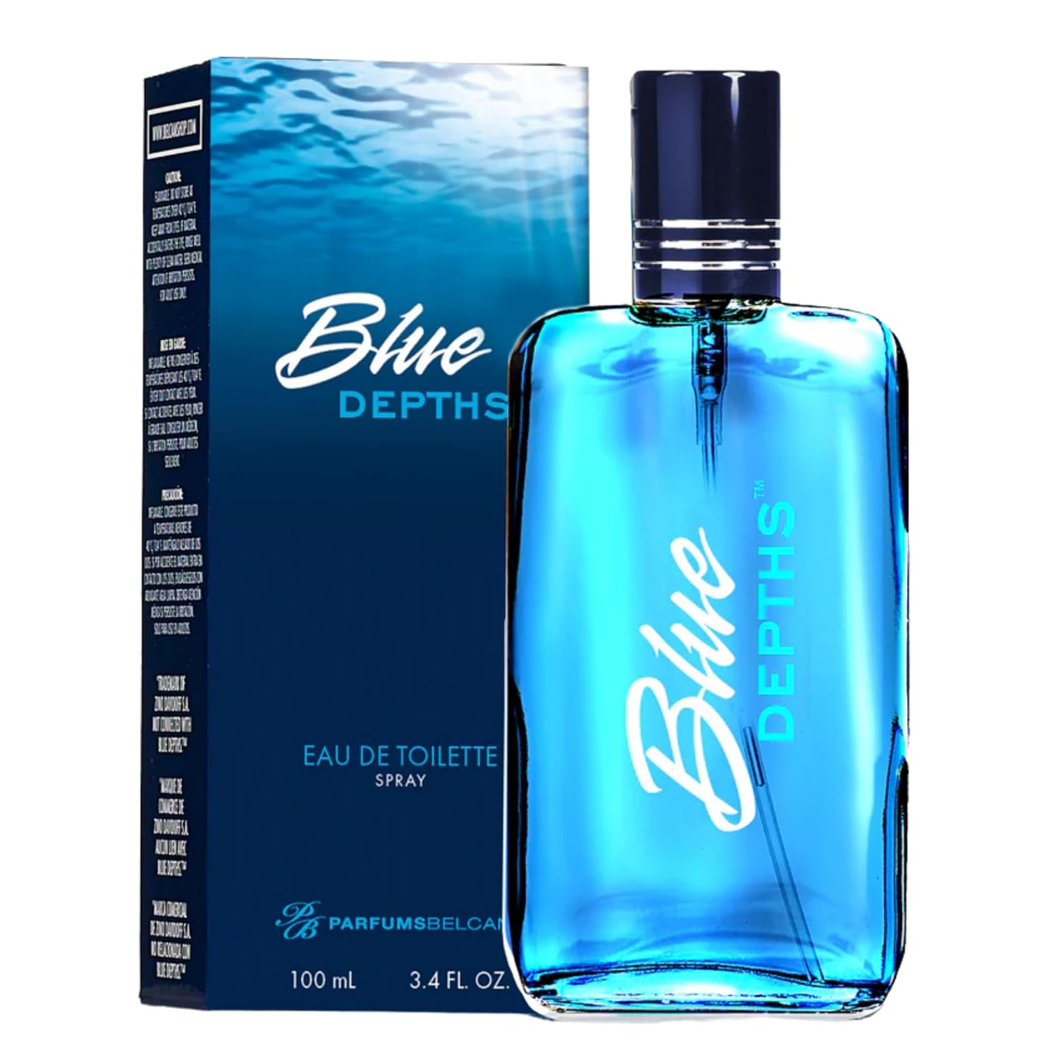 PB ParfumsBelcam Blue Depths Eau de Toilette fragrance spray, 3.4 fl oz bottle with a sleek blue design.