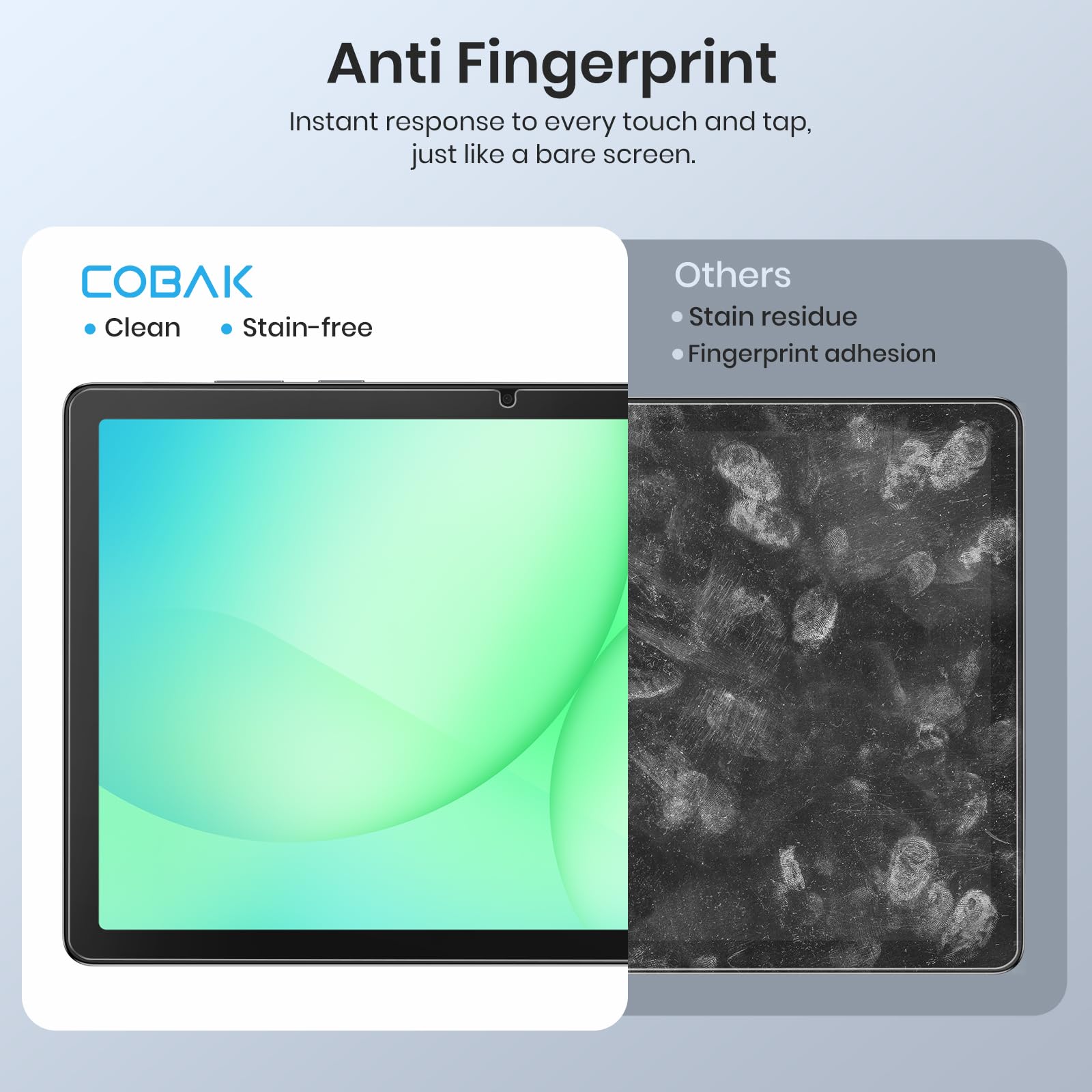 CoBak 2-pack tempered glass screen protectors for Samsung Galaxy Tab A11 Plus and A9 Plus, with installation frame and 9H hardness.