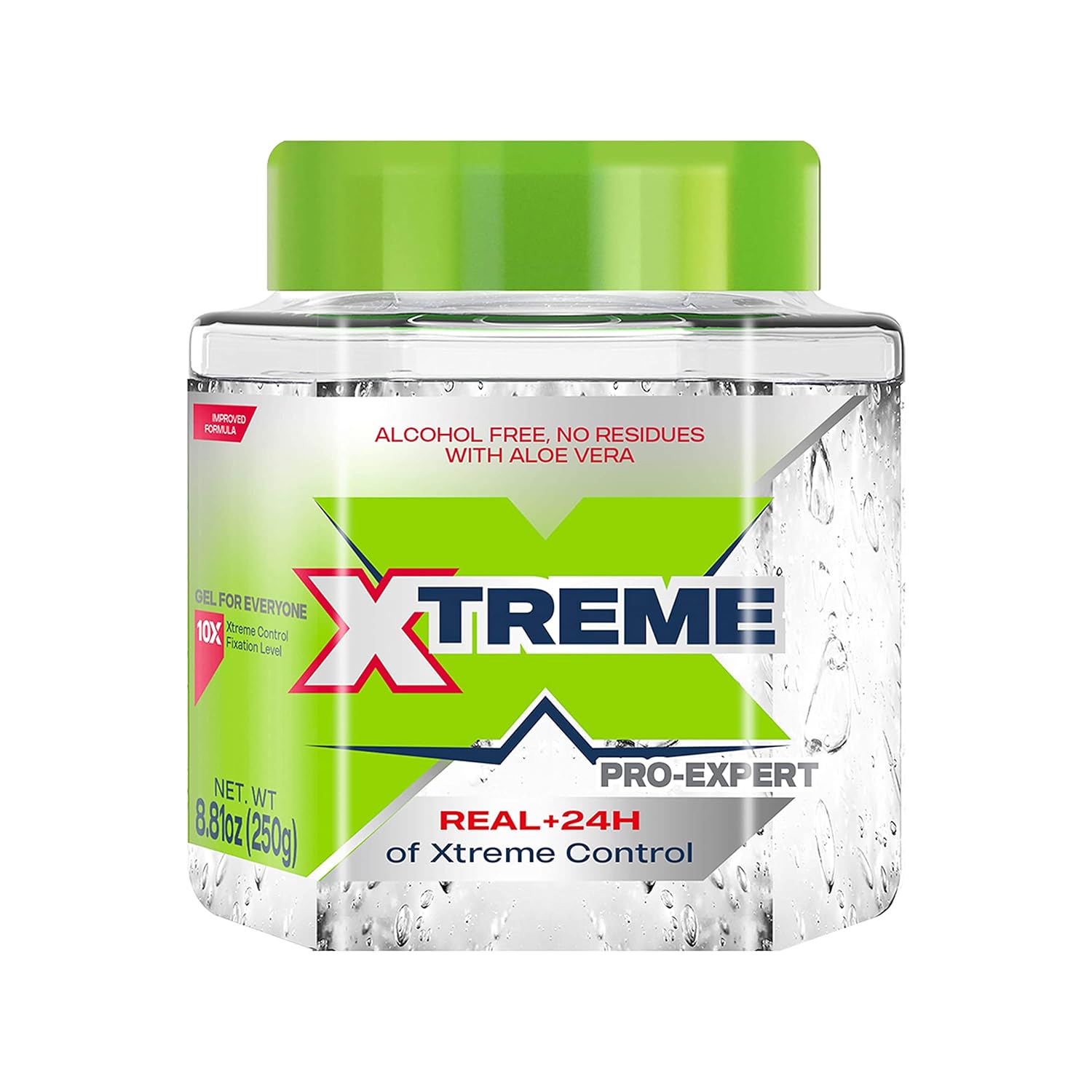 Xtreme Pro-Expert Clear Styling Hair Gel bottle, alcohol-free, provides 24-hour extreme control and sleek hair styling.