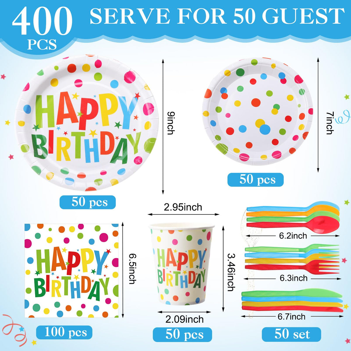 Pickmesh 400 Pcs Polka Dots Happy Birthday Plates and - Pickmesh Official Imagery - 4