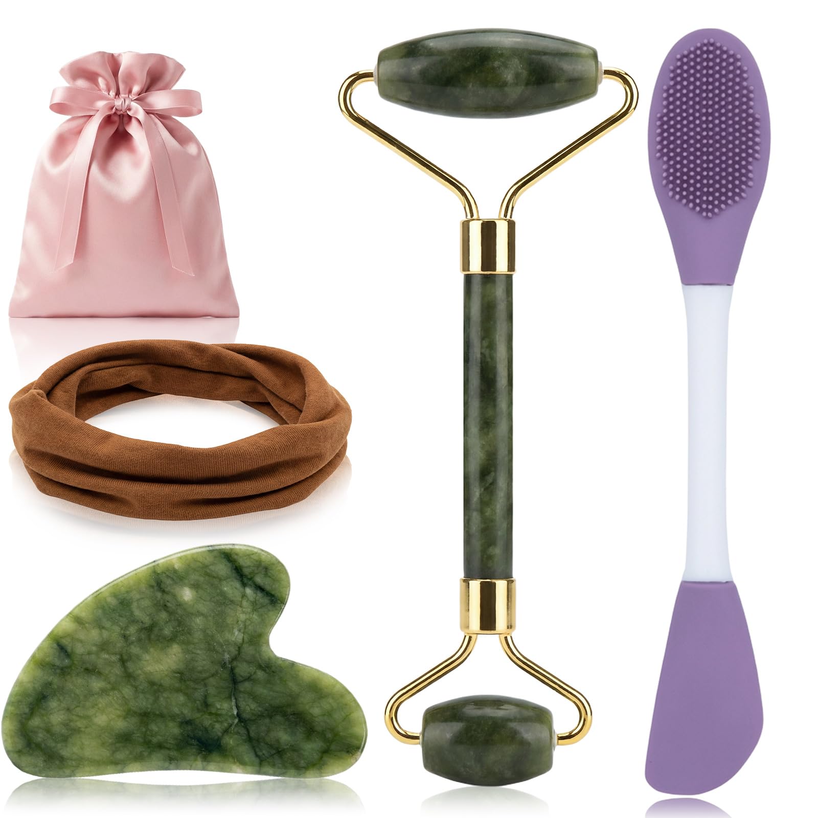 5PCS Face Roller & Gua Sha Facial Tools, Face Massage for Wrinkle Reduction & Puffiness Relief, Includes Silicone Scrubber, Headband & Travel Pouch, Jawline Sculpting and Pore Cleansing Set
