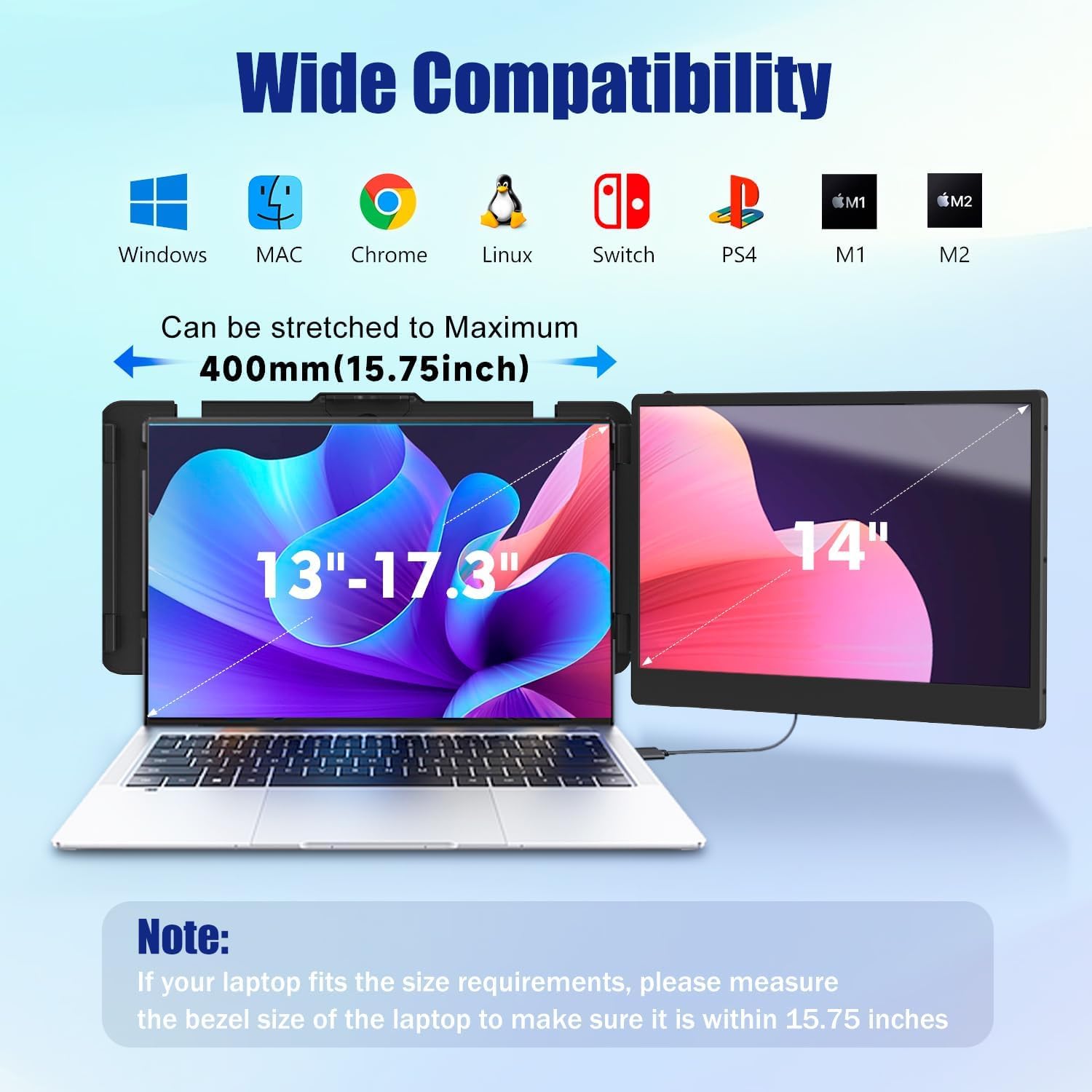 KEFEYA 14-inch FHD IPS portable laptop monitor with dual screens, USB-C and HDMI ports, for Windows, Mac, Android, Switch, PS5.